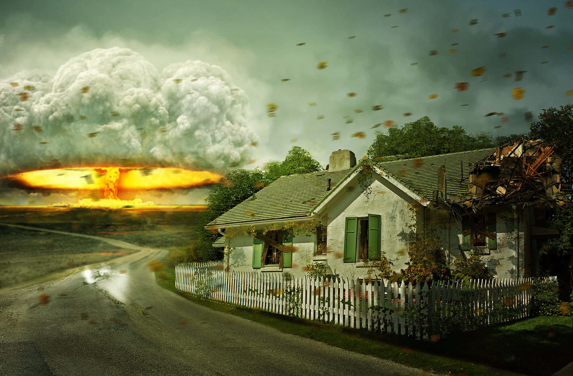 nuclear explosion, dilapidated house, white picket fence, Full HD Desktop Wallpaper