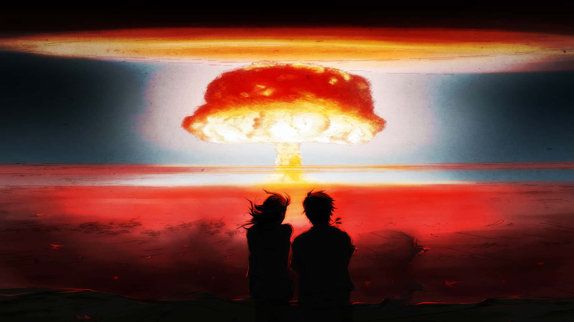 nuclear mushroom cloud, fiery red and orange sky, silhouetted figures, Full HD Desktop Wallpaper