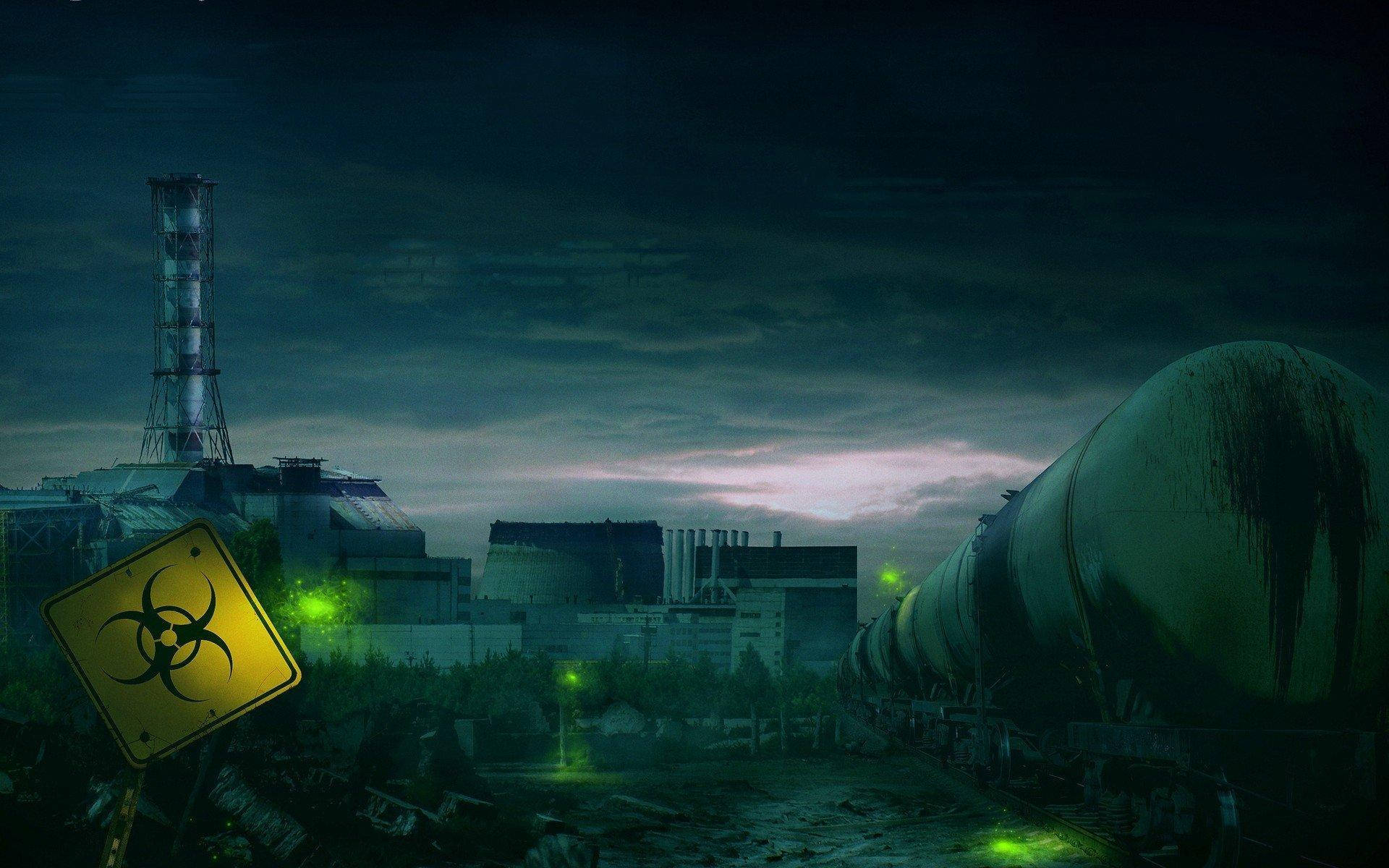 Chernobyl, ruined nuclear power plant, glowing green biohazard signs, Full HD Desktop Wallpaper
