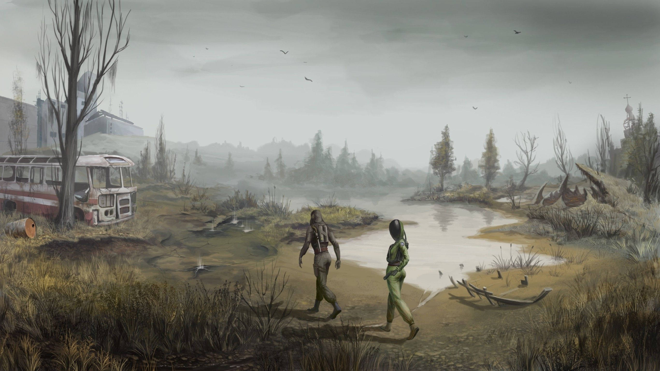 Chernobyl, abandoned wasteland, rusted bus, 2K Desktop Wallpaper