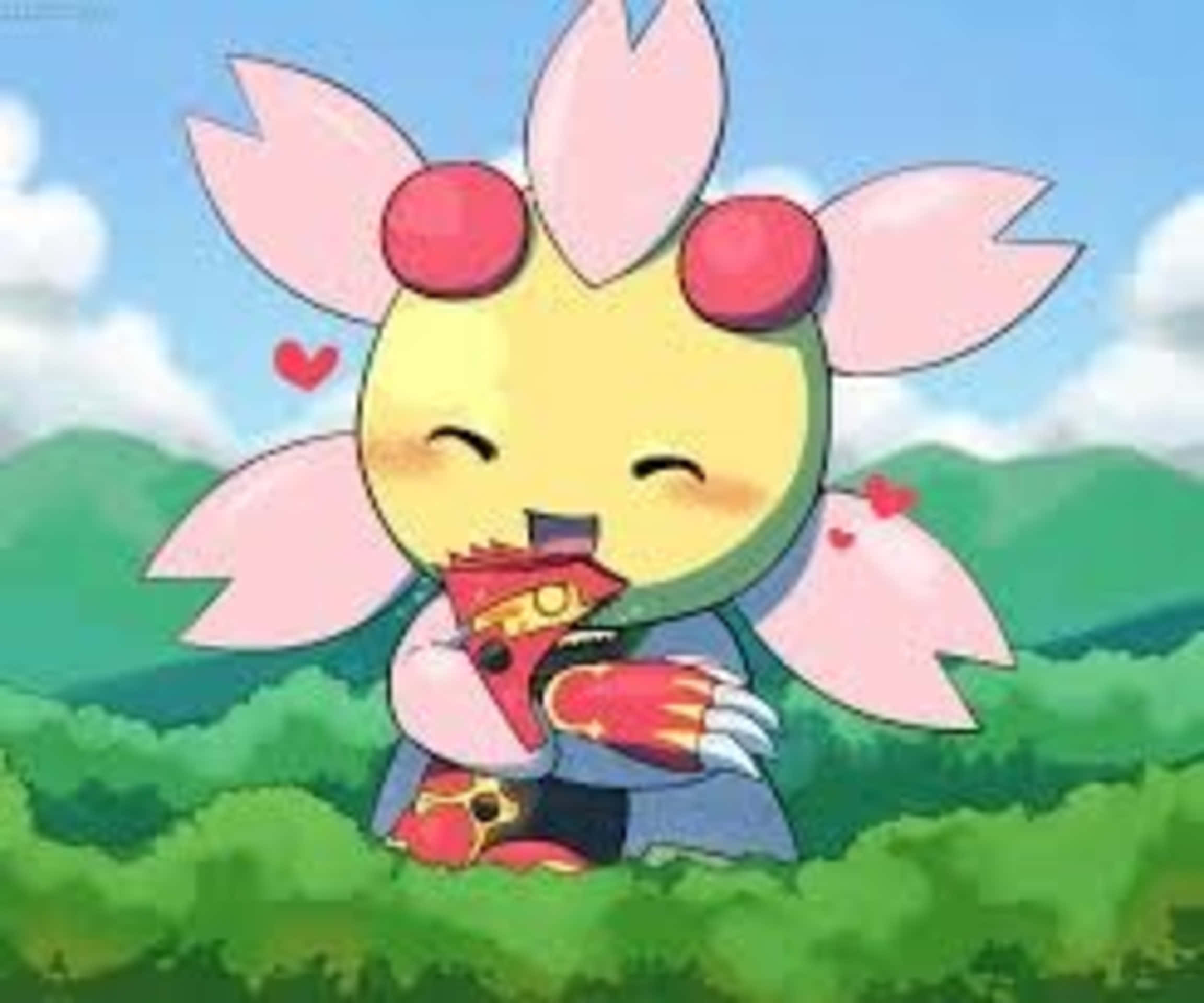 Cherrim, yellow anime creature, pink flower-like ears, Full HD Desktop Wallpaper