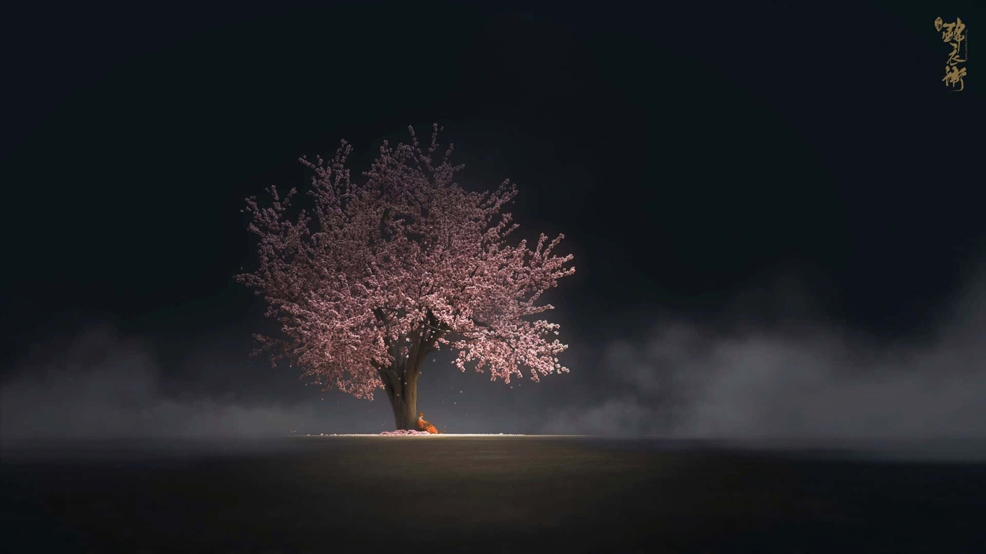 Dark Cherry Blossom Tree, night sky, mist, Full HD Desktop Wallpaper