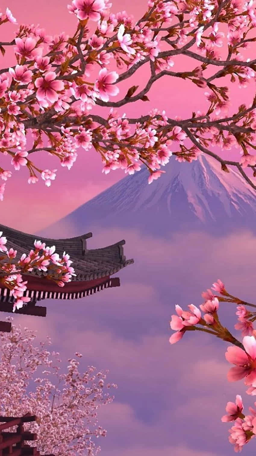 Pink Aesthetic Anime Phone, cherry blossoms, traditional roof, HD Phone Wallpaper