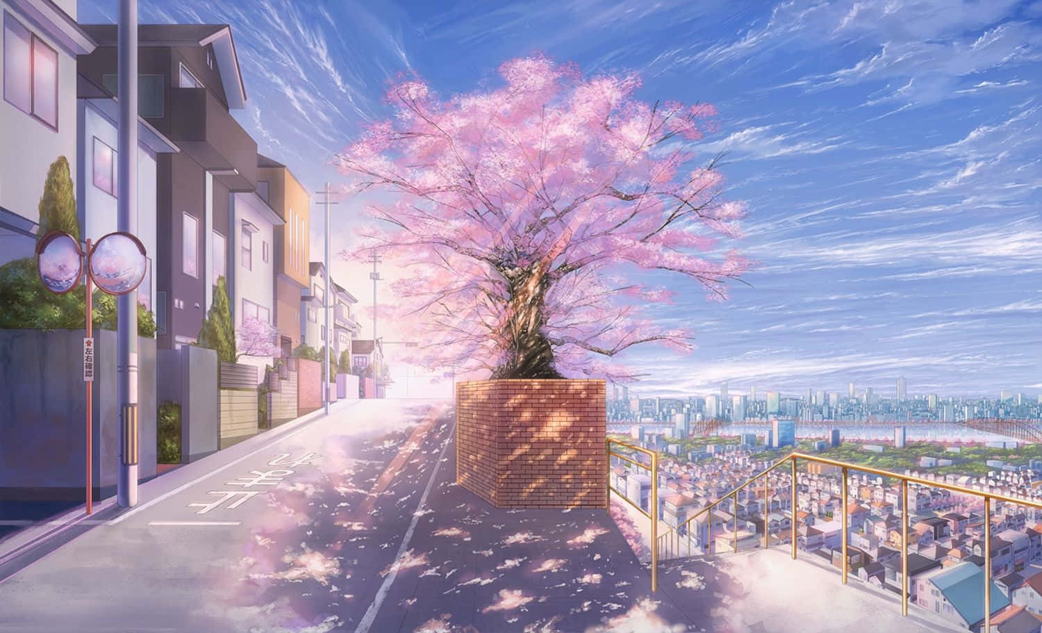 Anime Cherry Blossom Urban View, blossoming pink cherry tree, brick pedestal, HD Desktop Wallpaper