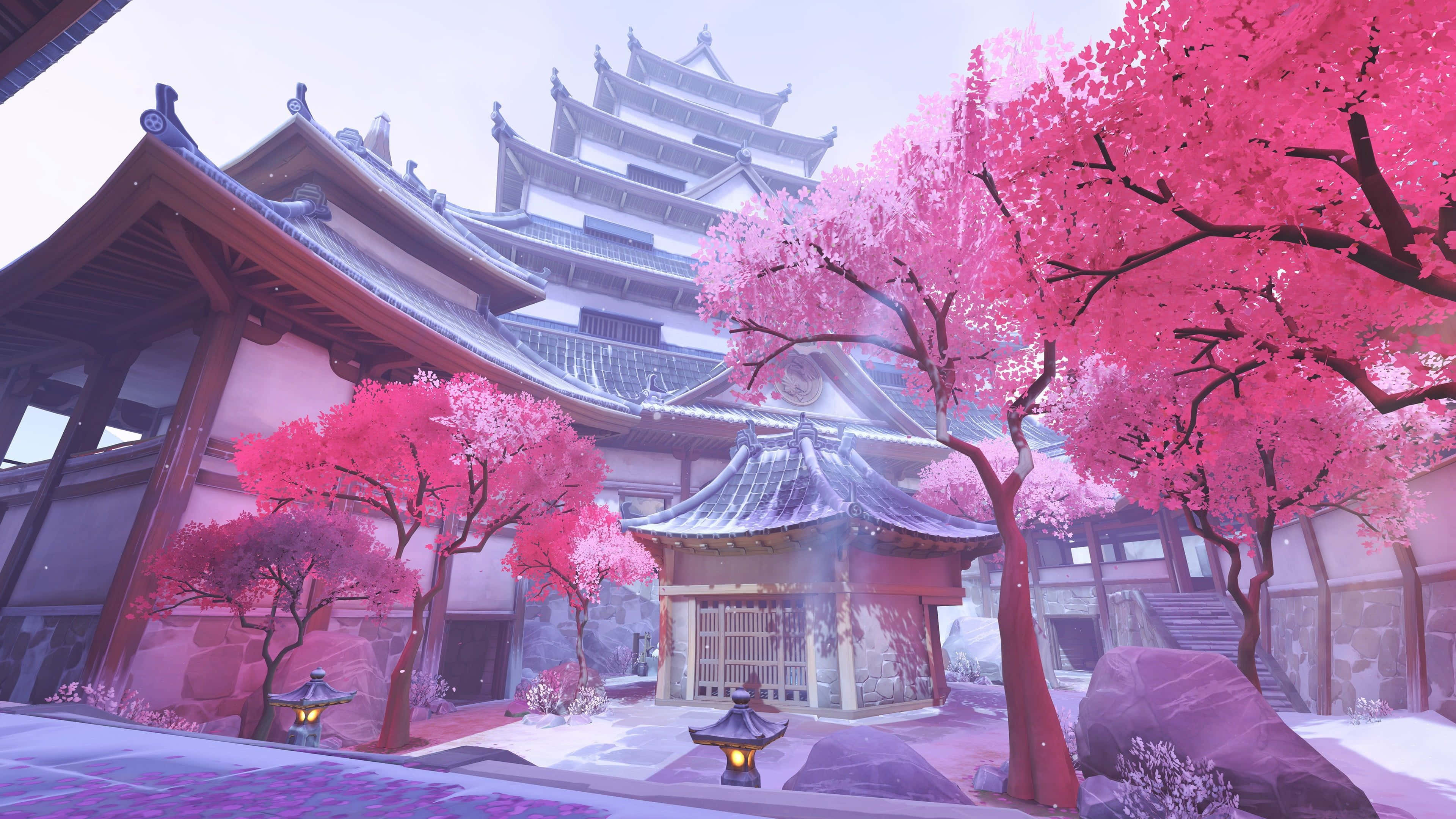 cherry blossom tree, anime-inspired landscape, traditional Japanese temple, 4K Desktop Wallpaper