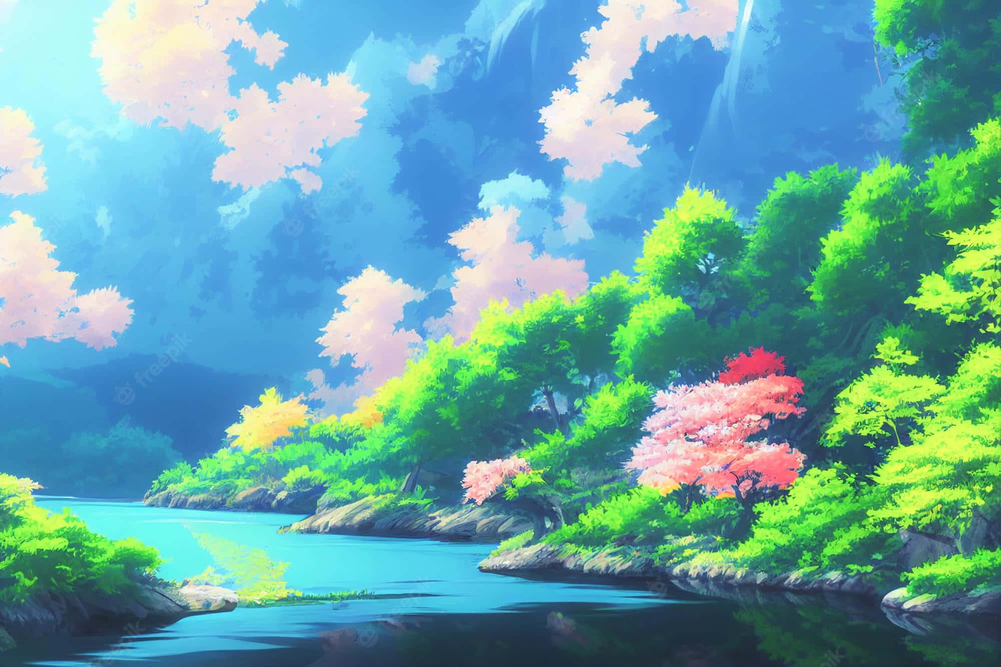 Cherry Blossom Tree Anime, anime-style river, lush green forests, Full HD Desktop Wallpaper