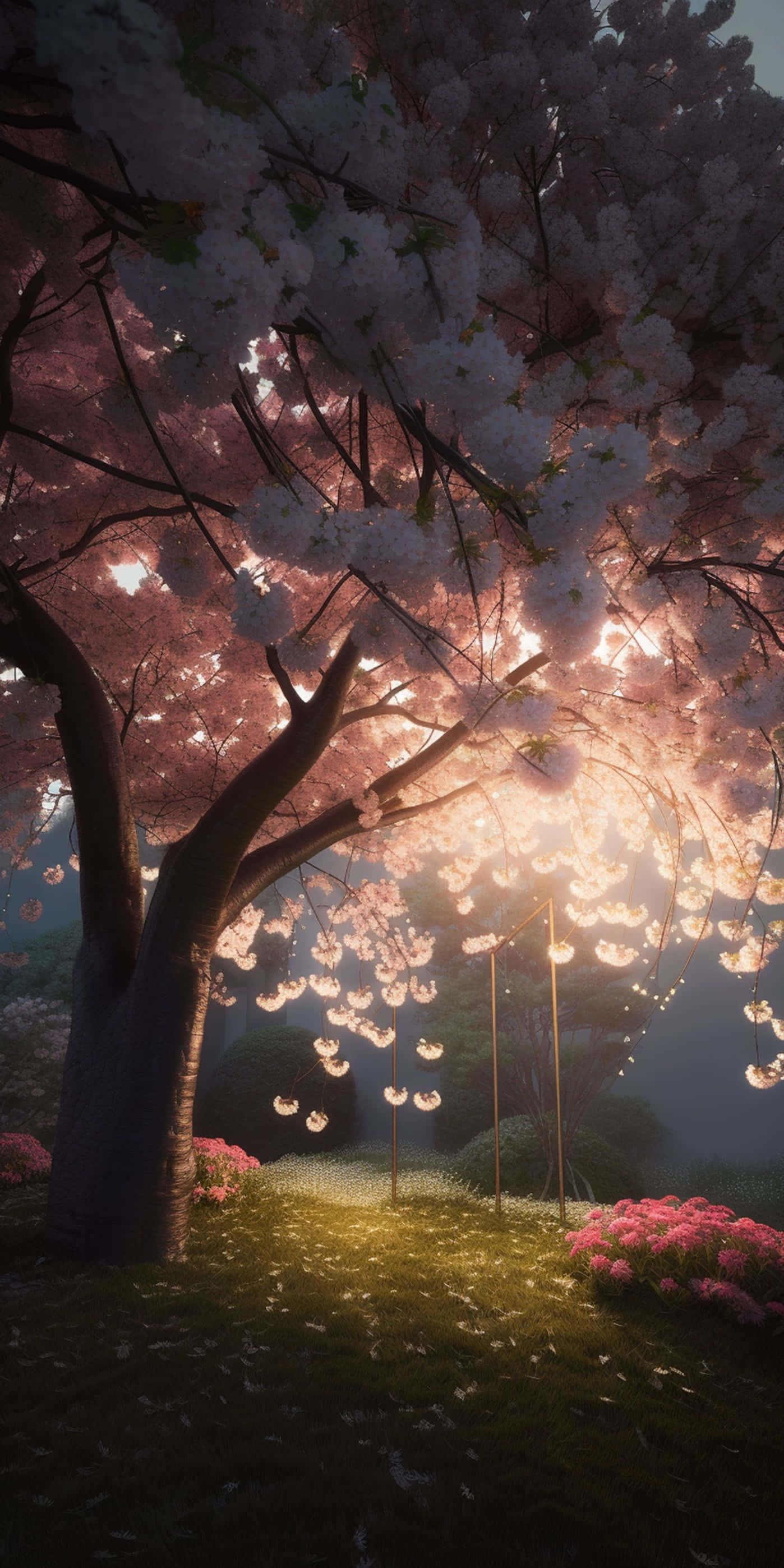 Cherry Blossom Tree, pink flowers, warm golden sunlight, 2K Phone Wallpaper