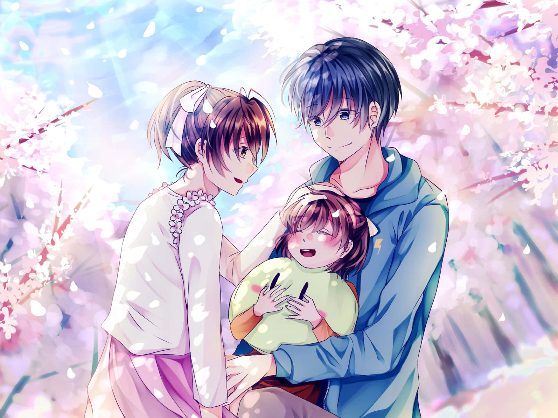 anime family, cherry blossoms, canopy of falling cherry blossoms, Full HD Desktop Wallpaper