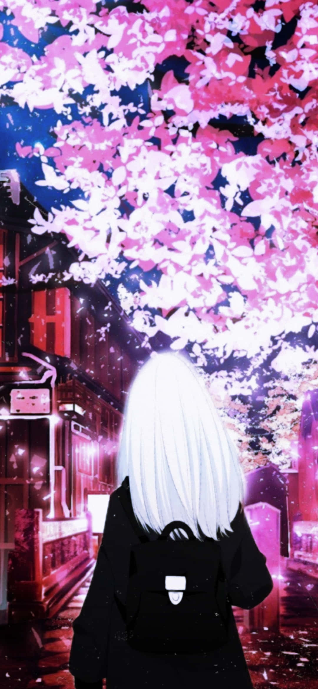 Cherry Blossom Night Anime Character, white hair, black backpack, Full HD Phone Wallpaper