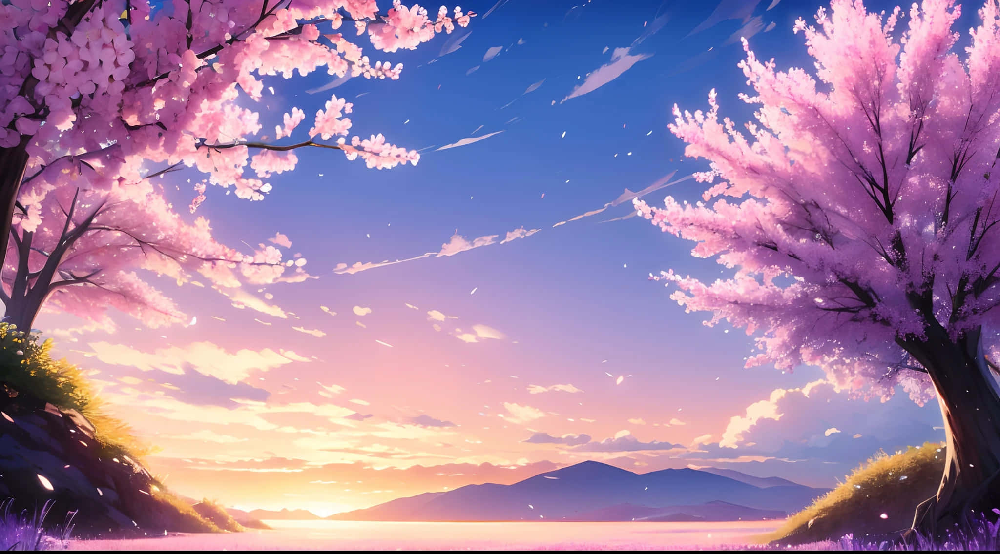 Cherry Blossom Sunset Anime Scenery, cherry blossom trees, serene sunset, Full HD Desktop Wallpaper