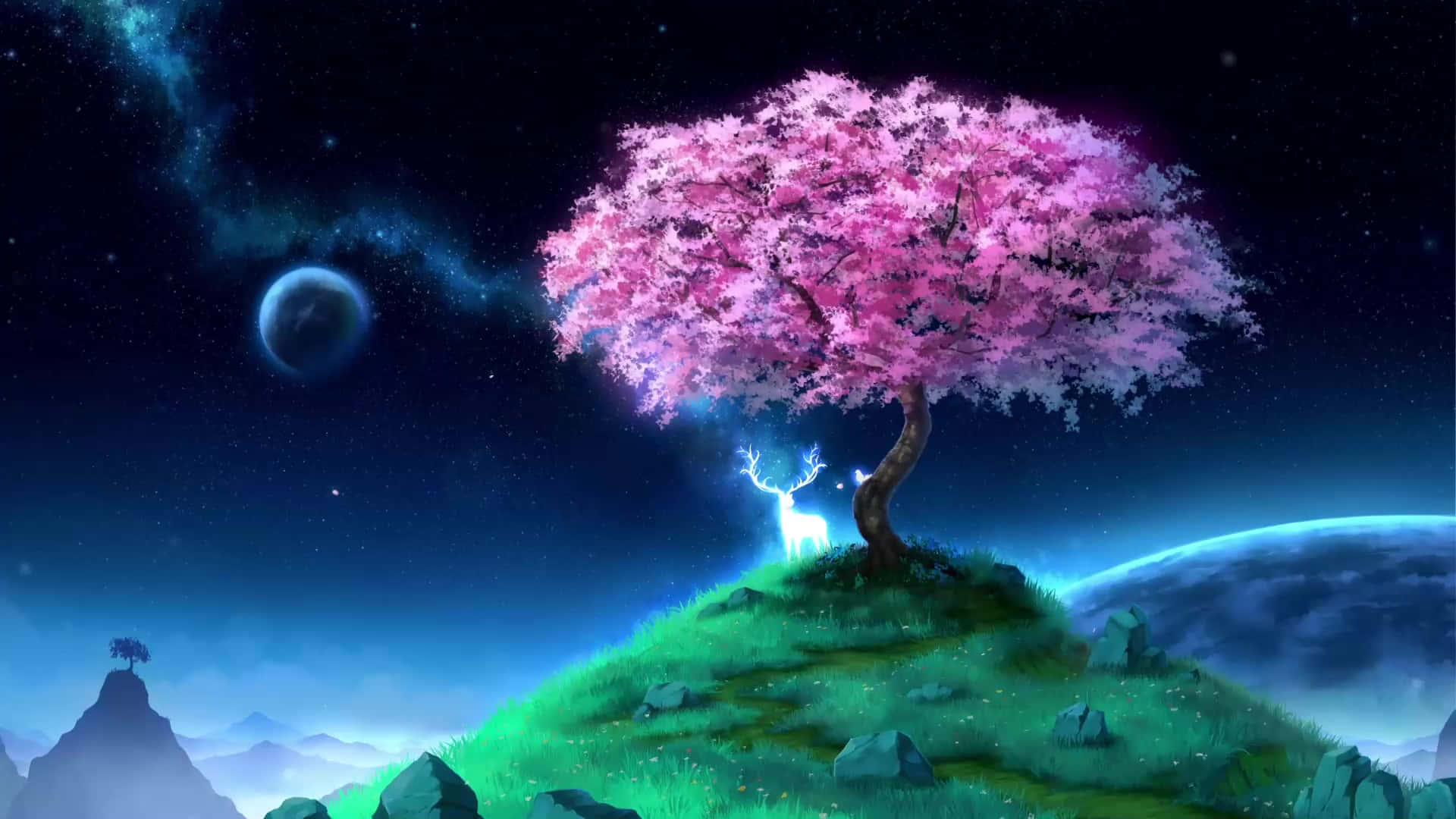 cherry blossom tree, fantasy world, anime, Full HD Desktop Wallpaper