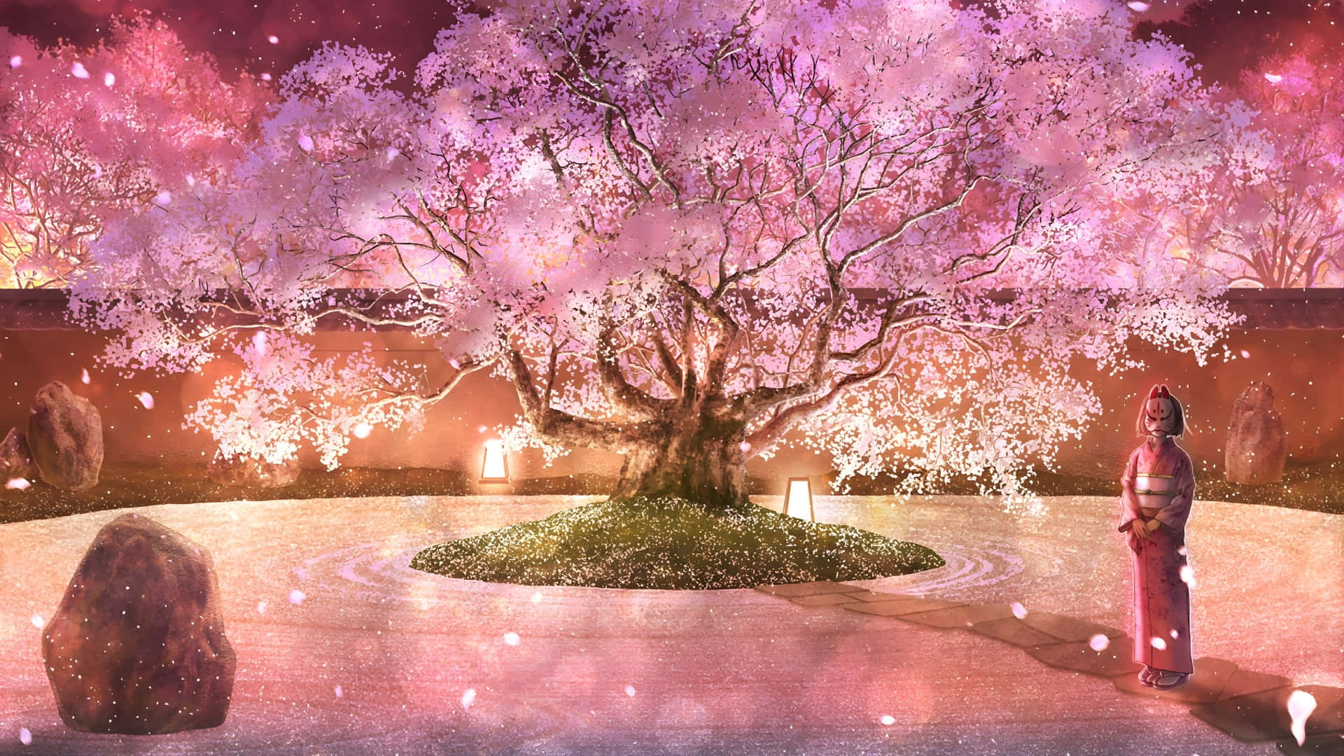 cherry blossom tree, traditional robes, pink petals, Full HD Desktop Wallpaper