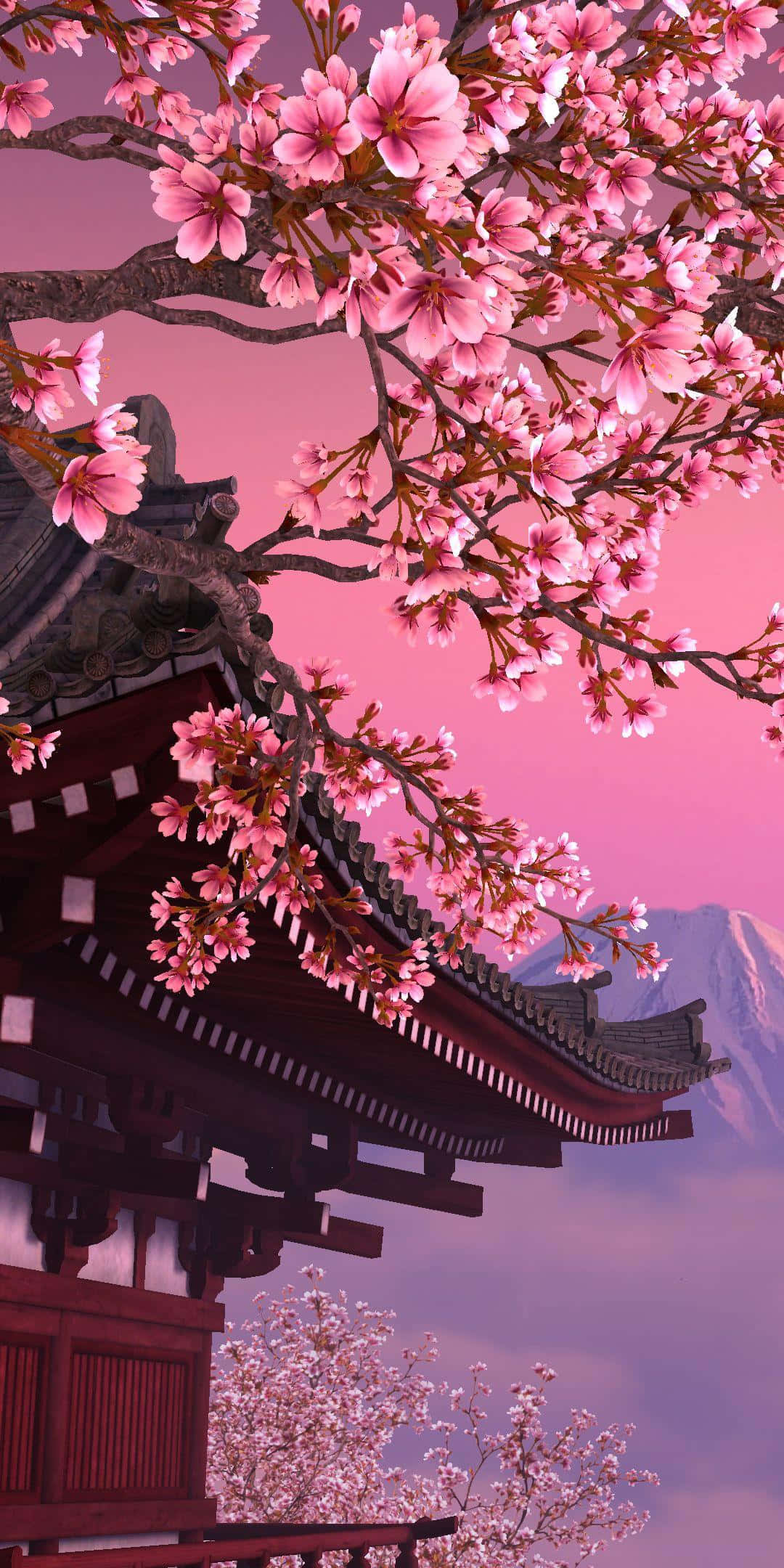 Japanese Pink Flowering Tree, pink cherry blossoms, traditional Japanese temple roof, Full HD Phone Wallpaper