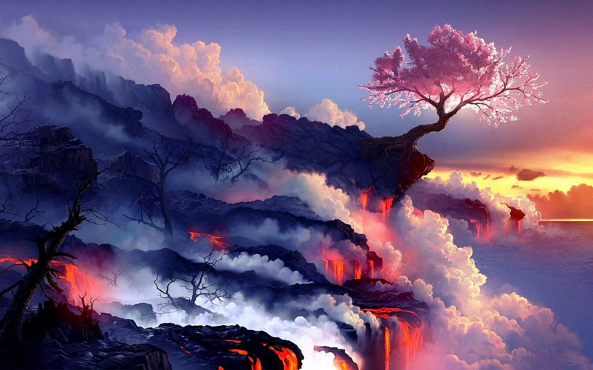 Cherry Blossom, lava flows, misty clouds, Full HD Desktop Wallpaper