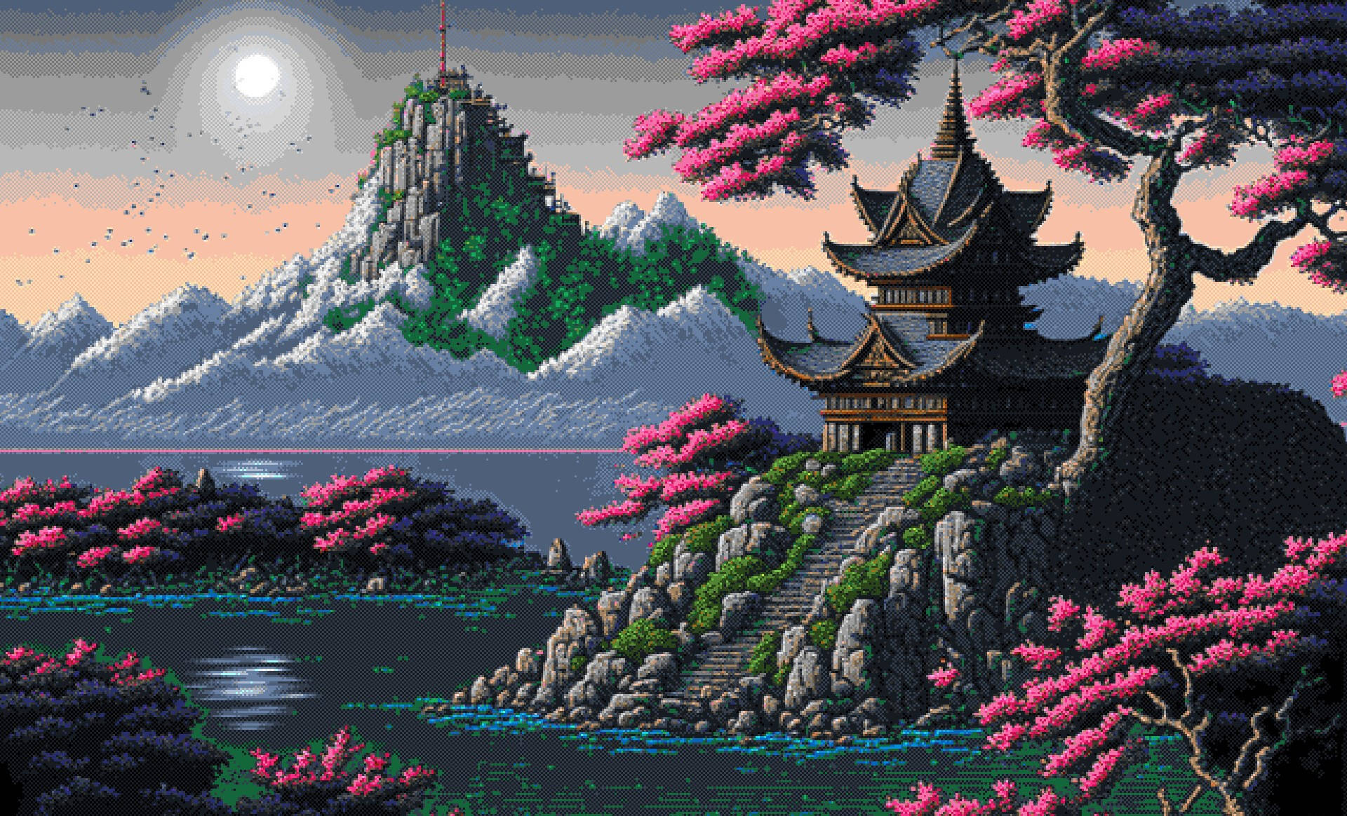 Cherry Blossom, pixel-art, temple, Full HD Desktop Wallpaper