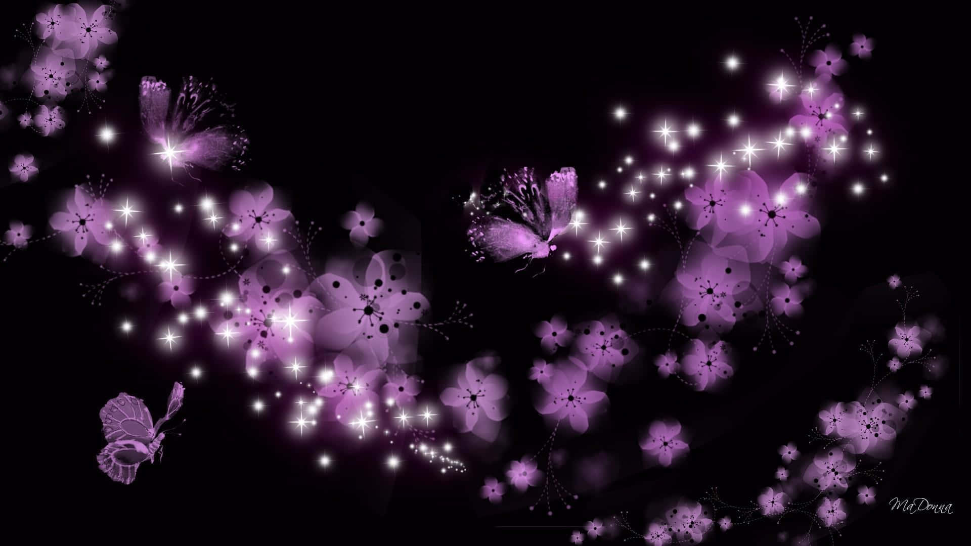 Dark Cherry Blossom, Glowing purple butterflies, Sparkling stars, Full HD Desktop Wallpaper