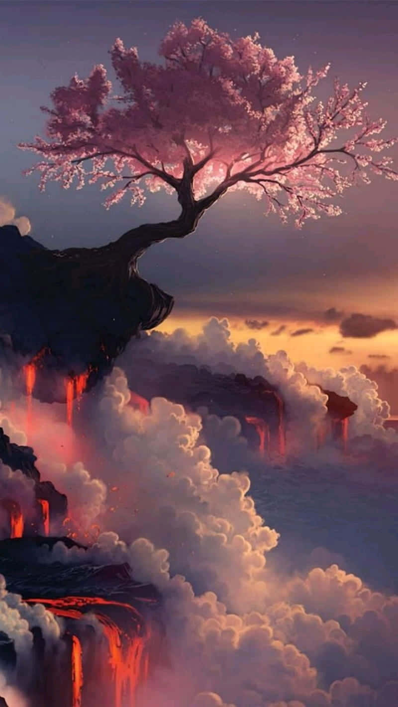 Cherry Blossoms Anime Scenery, cliff, lava flows, HD Phone Wallpaper