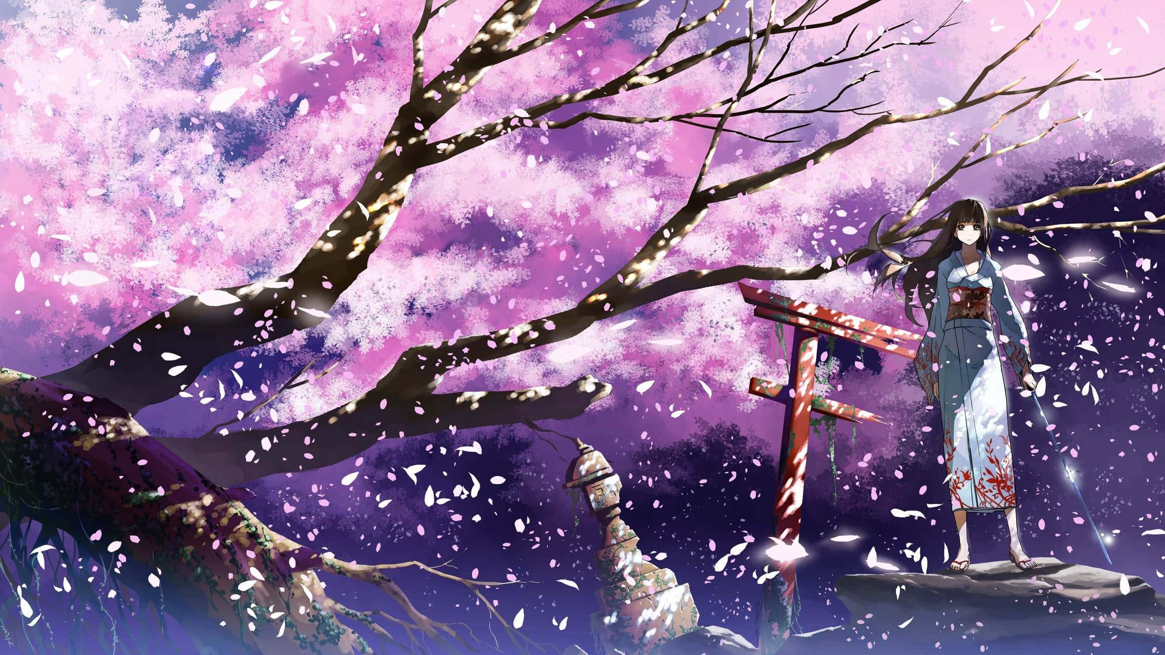 anime girl, floral kimono, red torii gate, Full HD Desktop Wallpaper