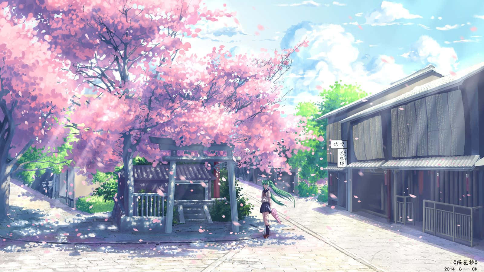cherry blossoms anime scenery, anime girl, pink cherry blossom tree, HD Desktop Wallpaper