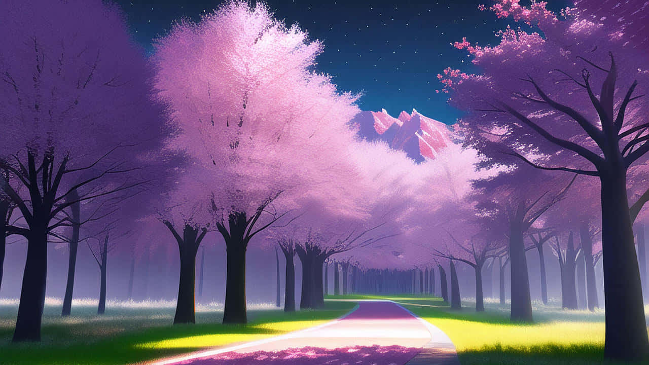 Sakura blossom walk, pink cherry blossom trees, starry night sky, HD Desktop Wallpaper