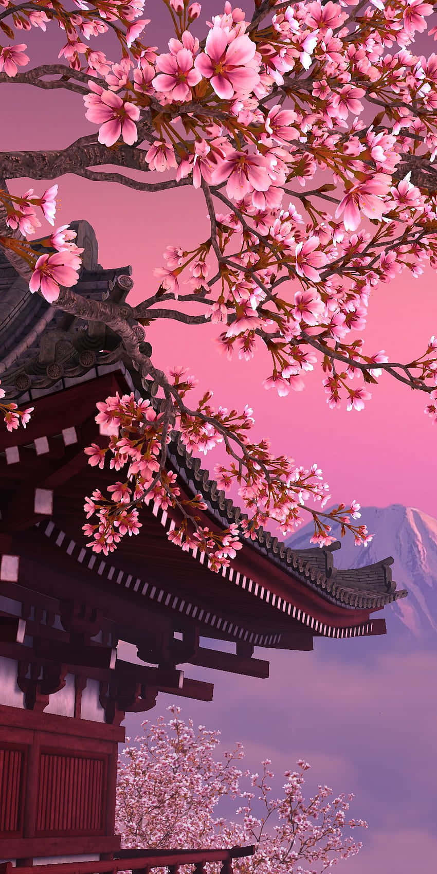 Cherry Blossoms Anime Scenery, traditional wooden temple, pink cherry blossoms, HD Phone Wallpaper