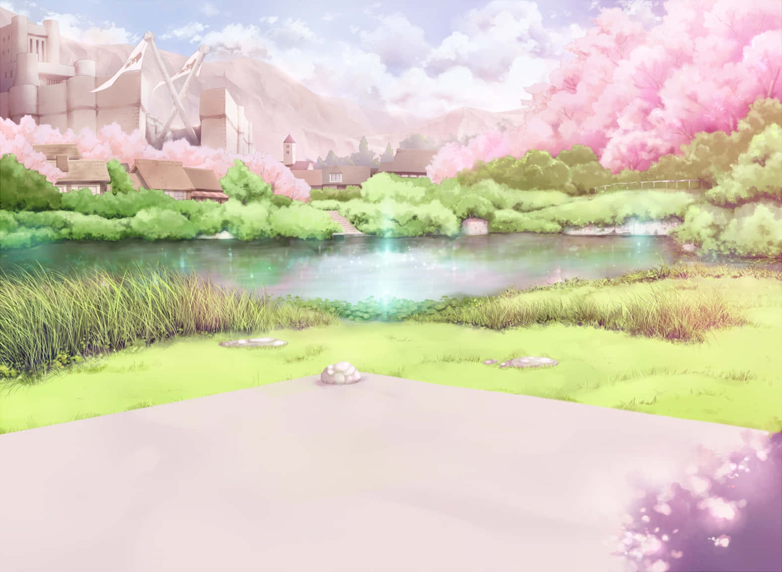 cherry blossoms, anime-style village, glowing river, HD Desktop Wallpaper
