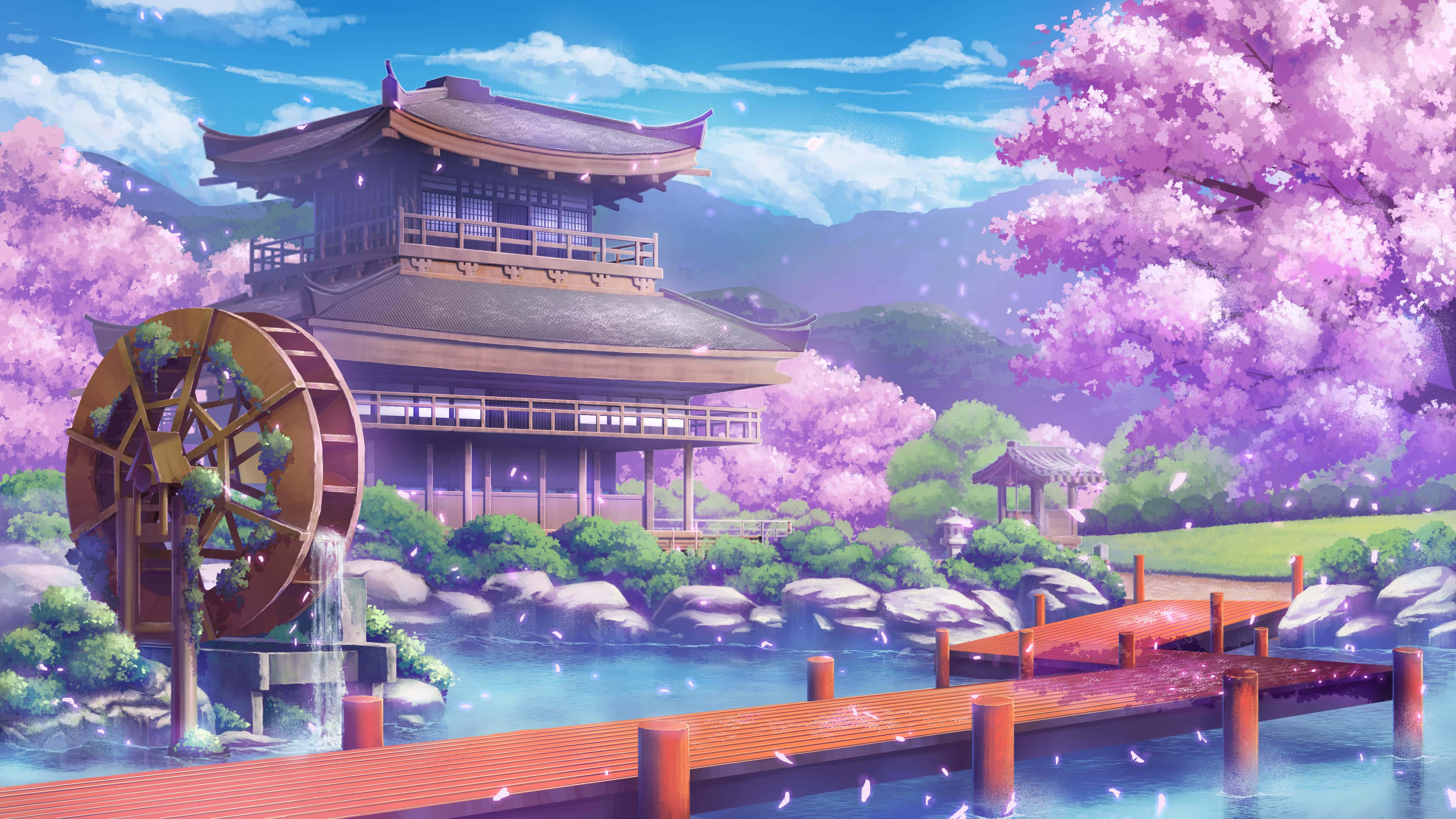 anime-style Japanese pavilion, river, waterwheel, 4K Desktop Wallpaper