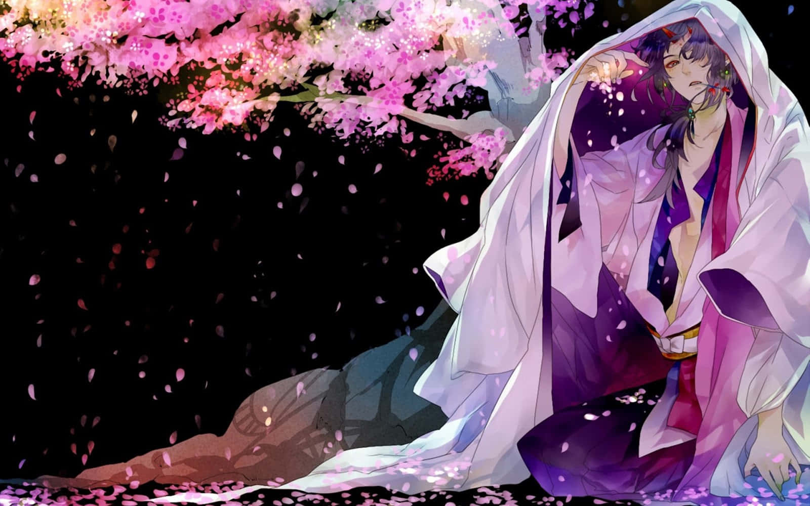 cherry blossoms anime scenery, anime character, flowing white robe, HD Desktop Wallpaper