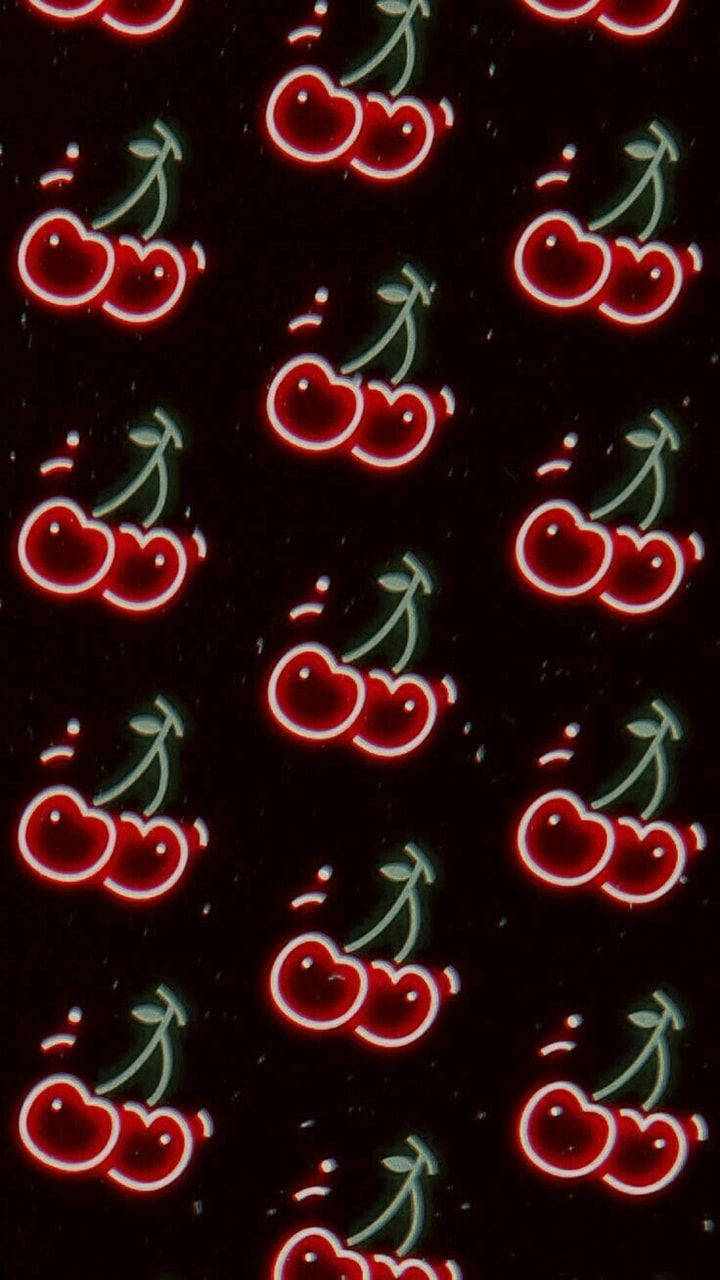 neon red cherries, green stems, dark speckled background, HD Phone Wallpaper