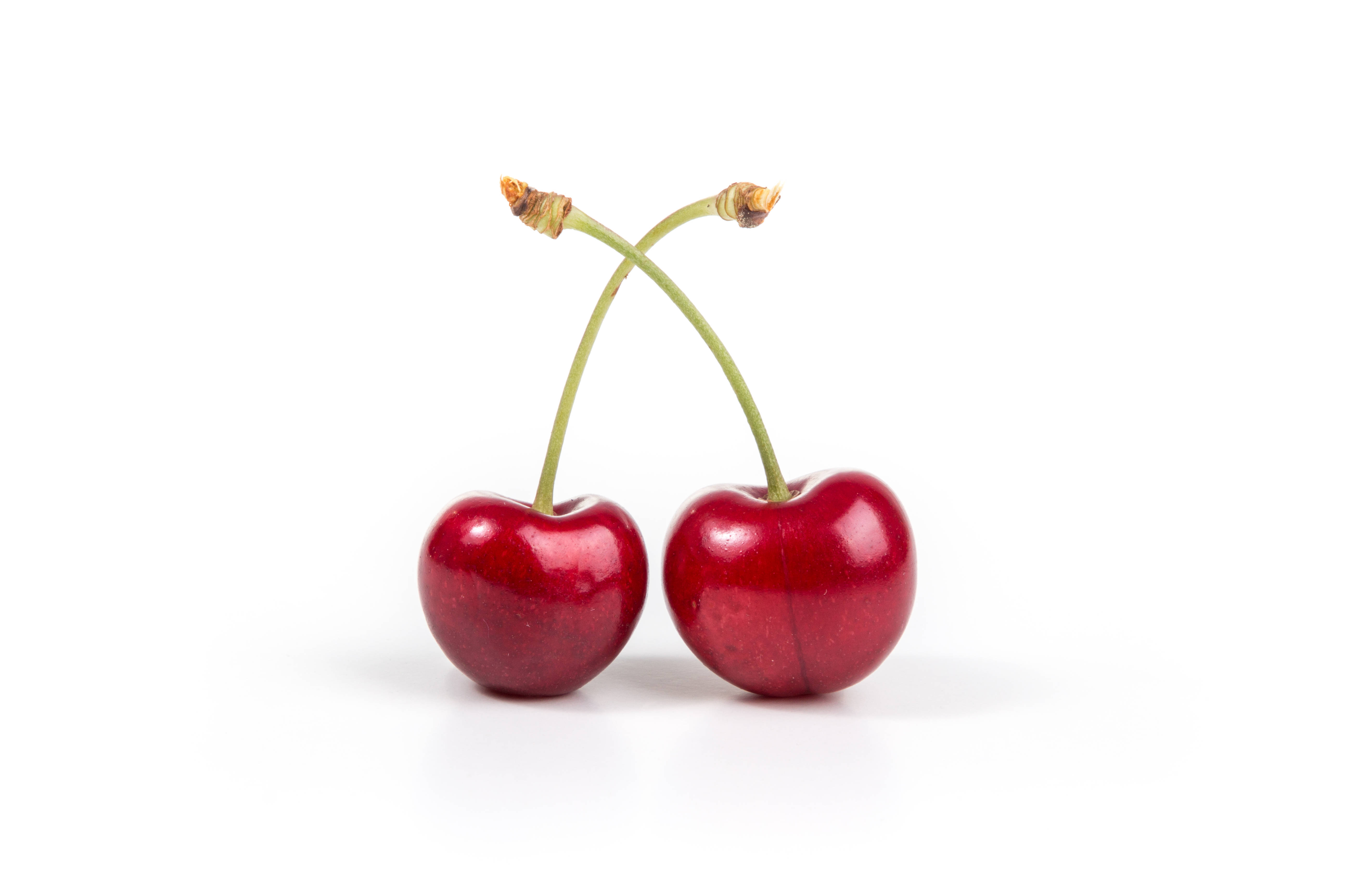 cherry fruit, green stem, glossy red cherries, 5K Desktop Wallpaper