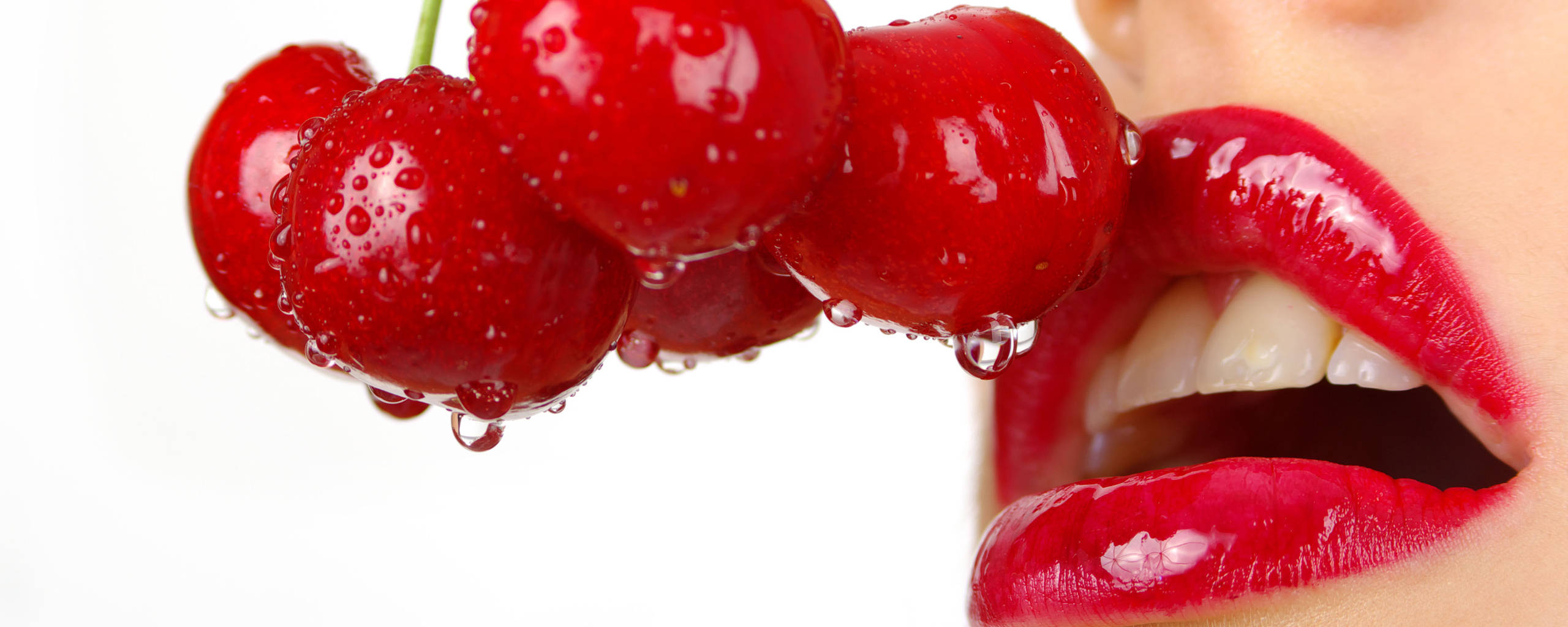 Cherry Lips, glossy red cherries, water droplets, 2K Desktop Wallpaper