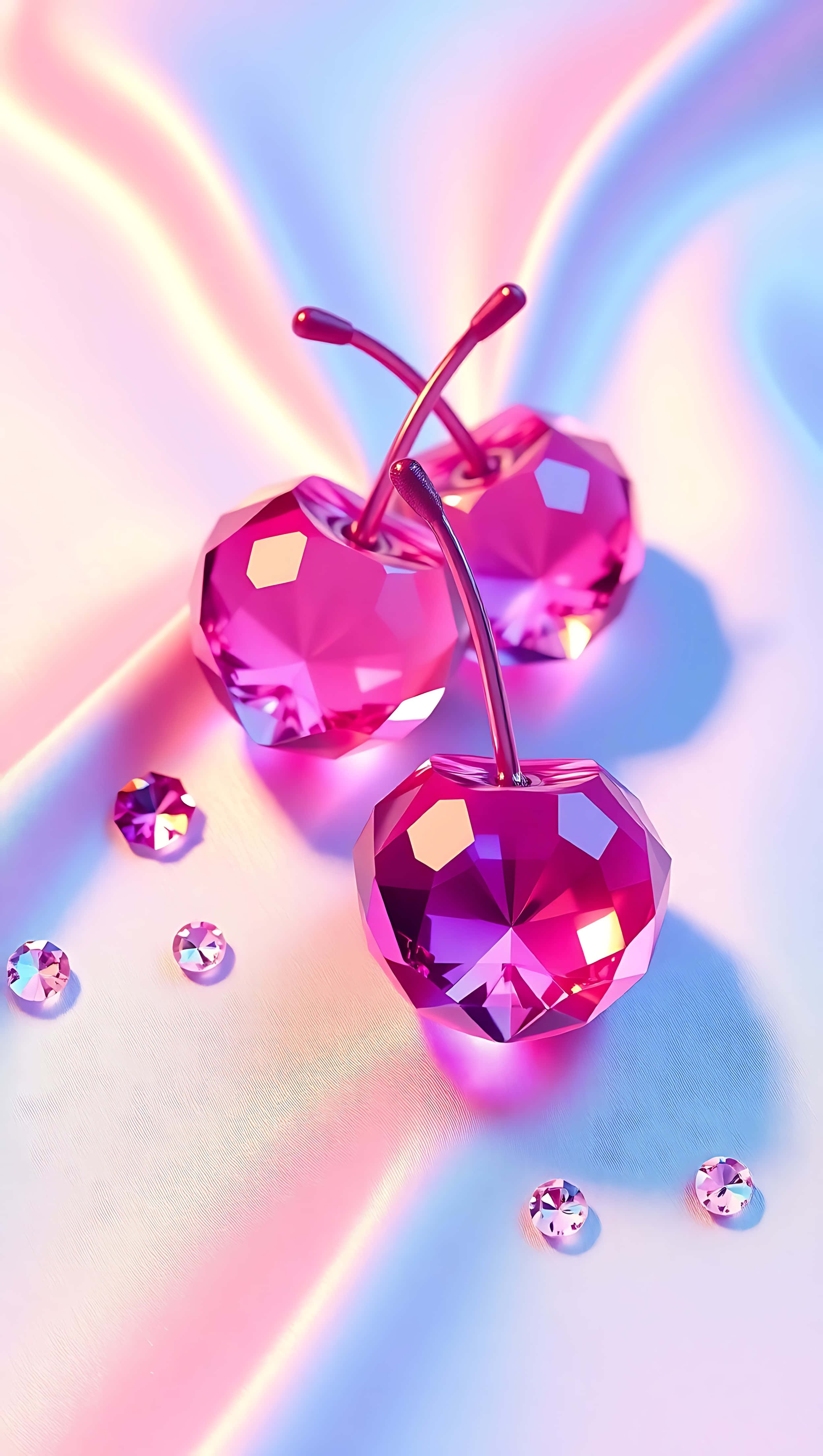 crystal cherries, holographic silk, pastel gradient, 4K Phone Wallpaper