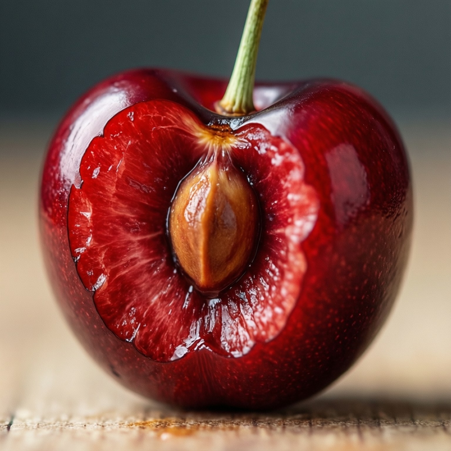 bitten cherry, glossy deep red, juicy interior, HD Desktop Wallpaper