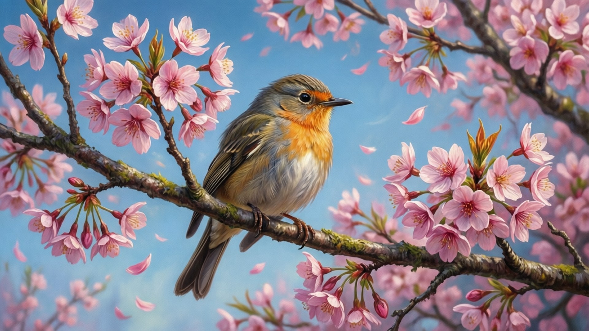 bird, orange throat, cherry blossom branch, Full HD Desktop Wallpaper
