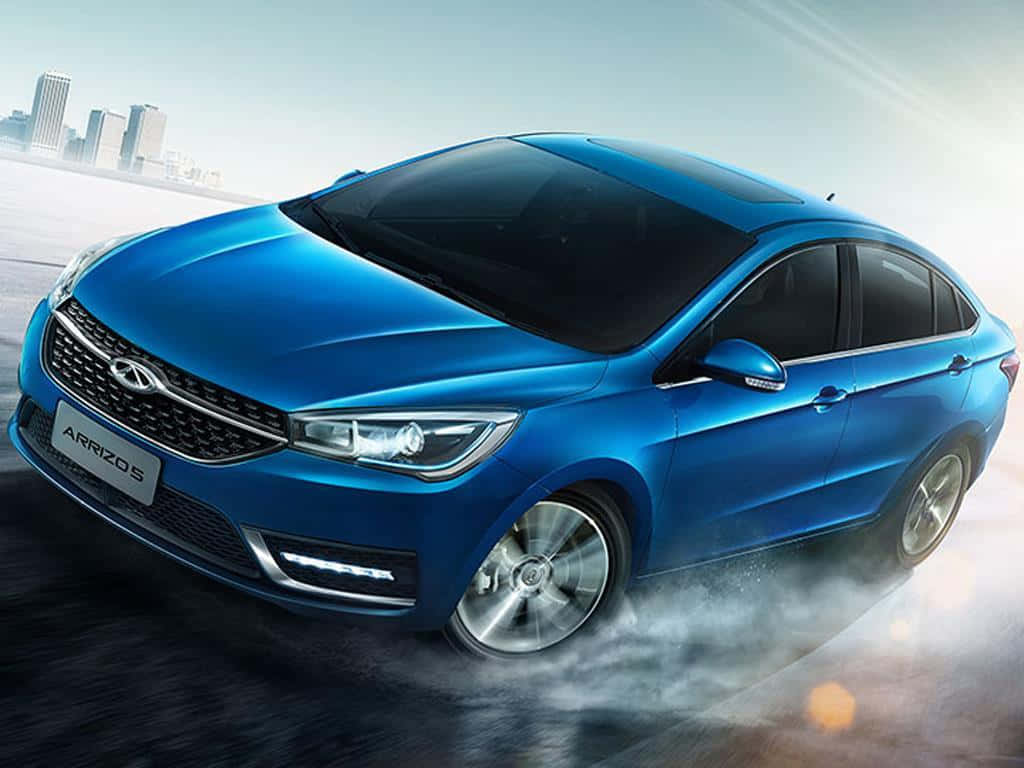 Chery Arrizo 5, vibrant blue, wet urban road, SD Desktop Wallpaper
