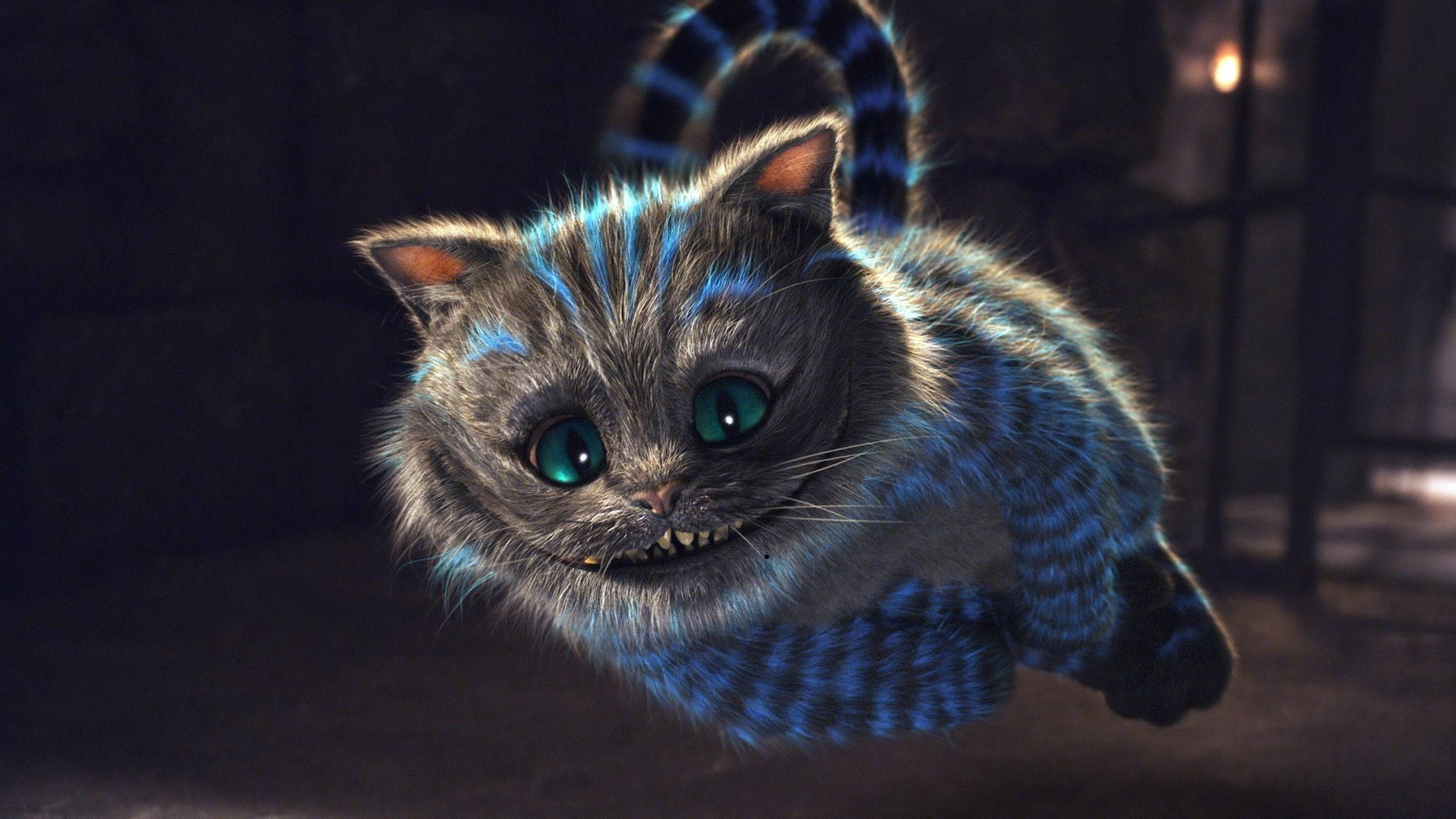 Cheshire Cat, blue-striped, glowing green eyes, 2K Desktop Wallpaper