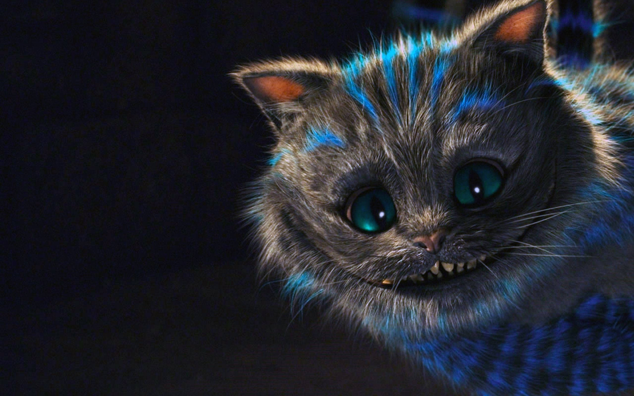 Cheshire Cat, glowing blue stripes, sharp teeth, 2K Desktop Wallpaper