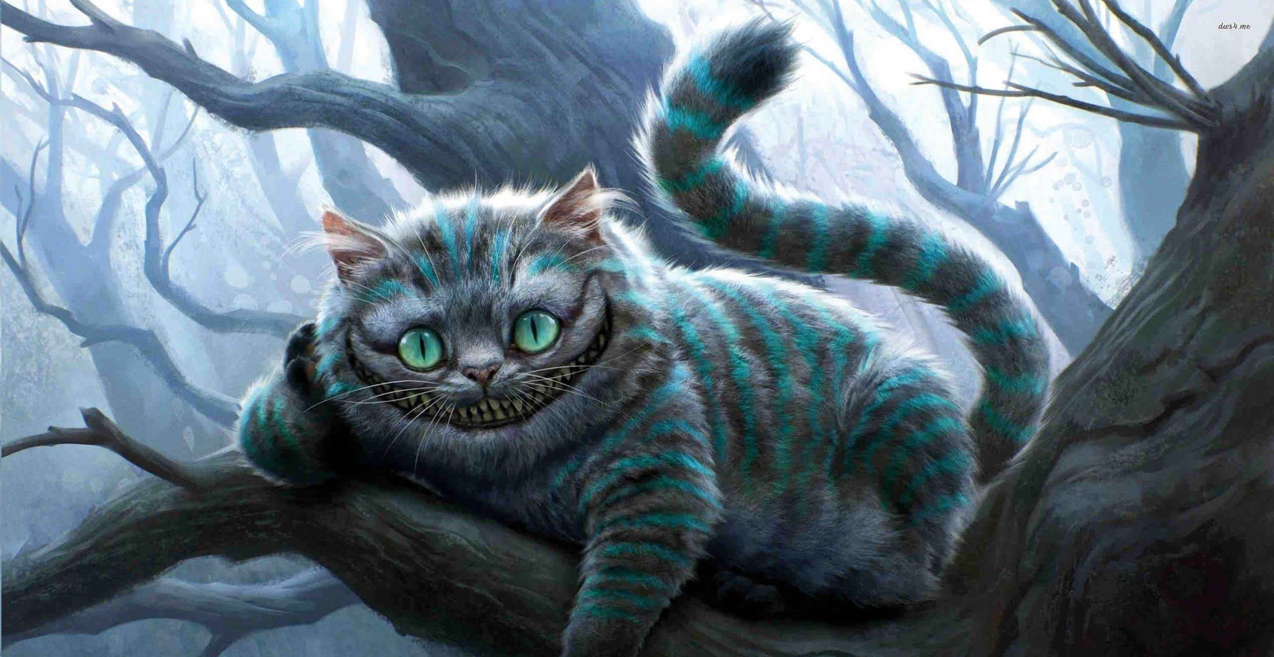 Cheshire Cat, silver, glowing green eyes, 2K Desktop Wallpaper