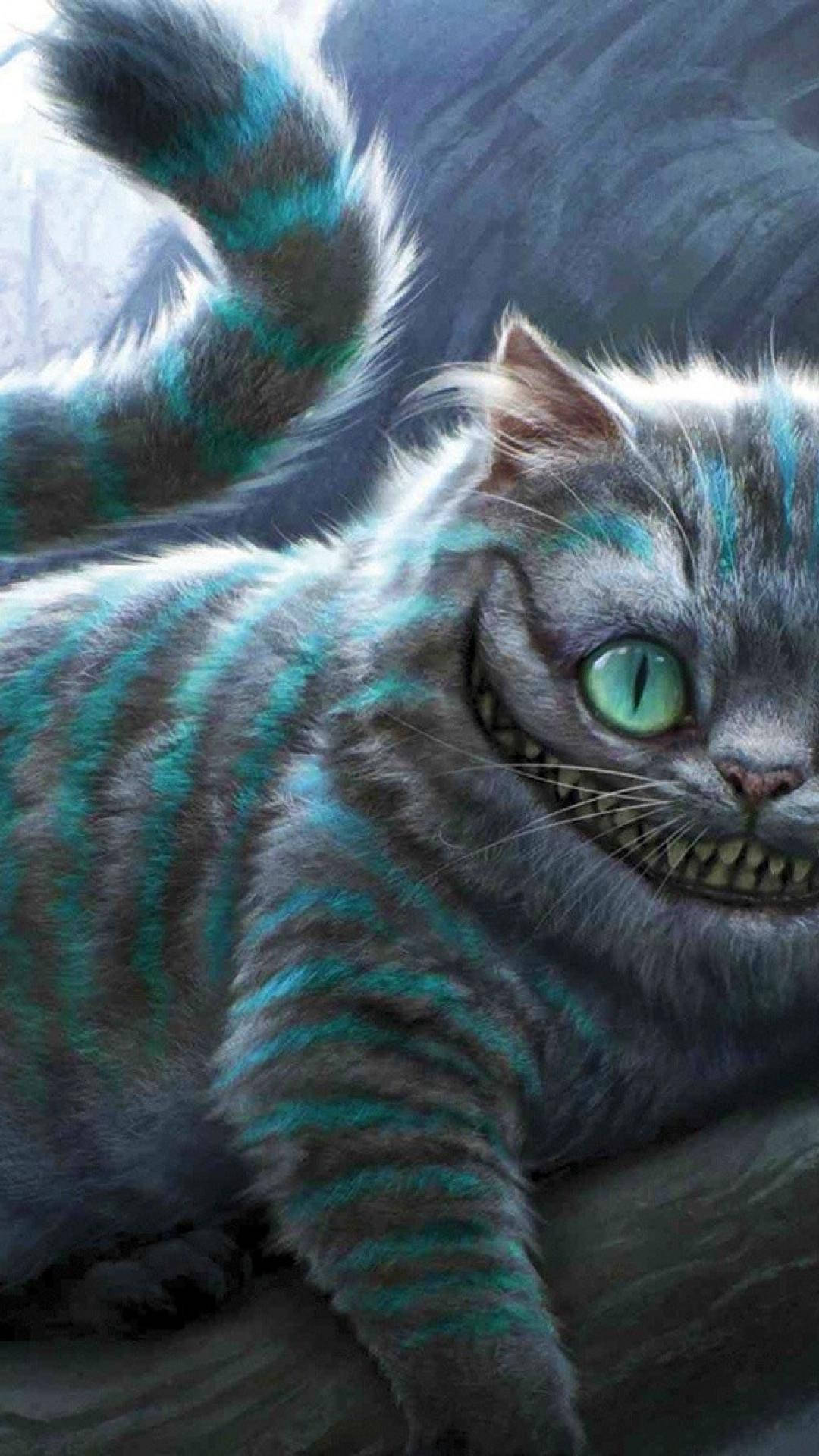 Cheshire Cat, teal stripes, glowing green eyes, Full HD Phone Wallpaper