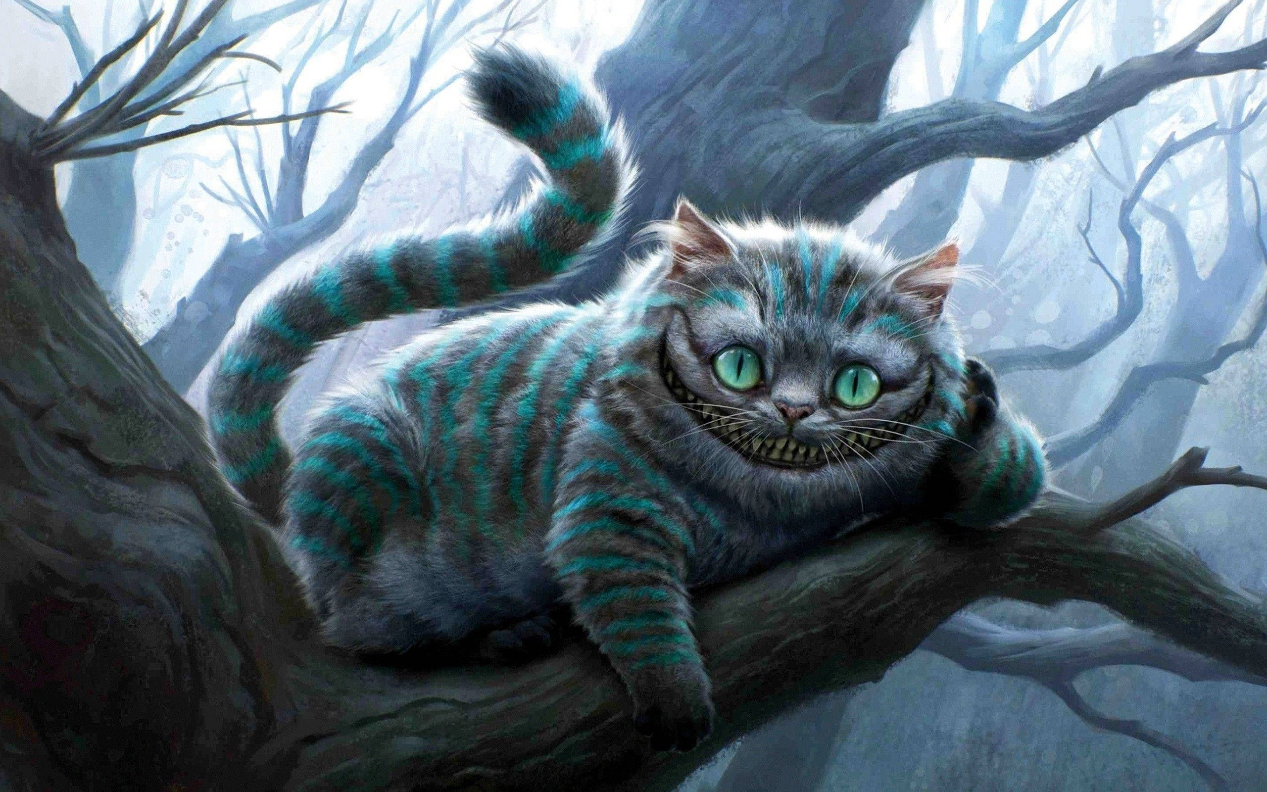 Cheshire Cat, glowing green eyes, gnarled tree branch, 2K Desktop Wallpaper