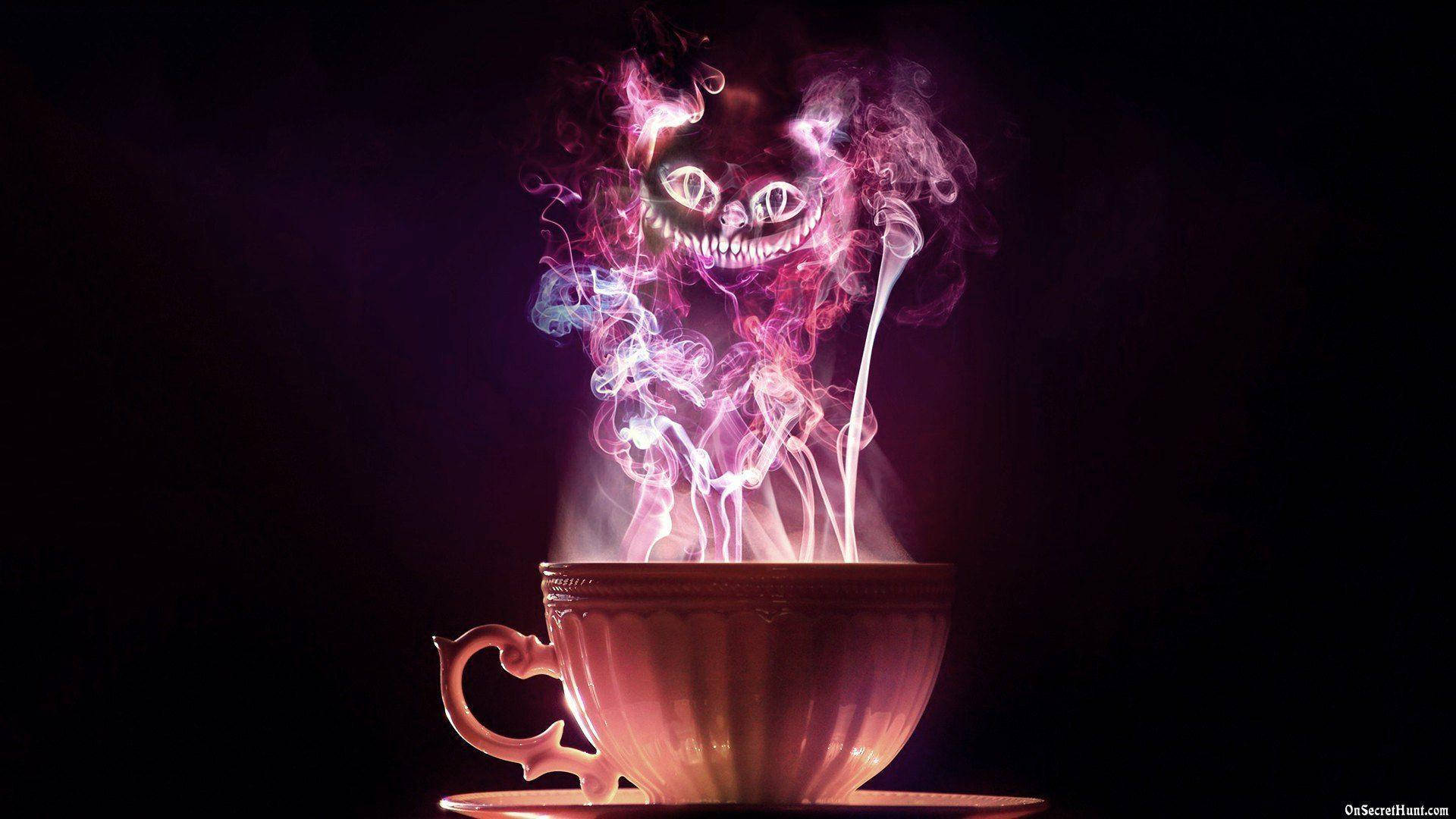 Cheshire Cat, steaming teacup, glowing pink and purple smoke, Full HD Desktop Wallpaper