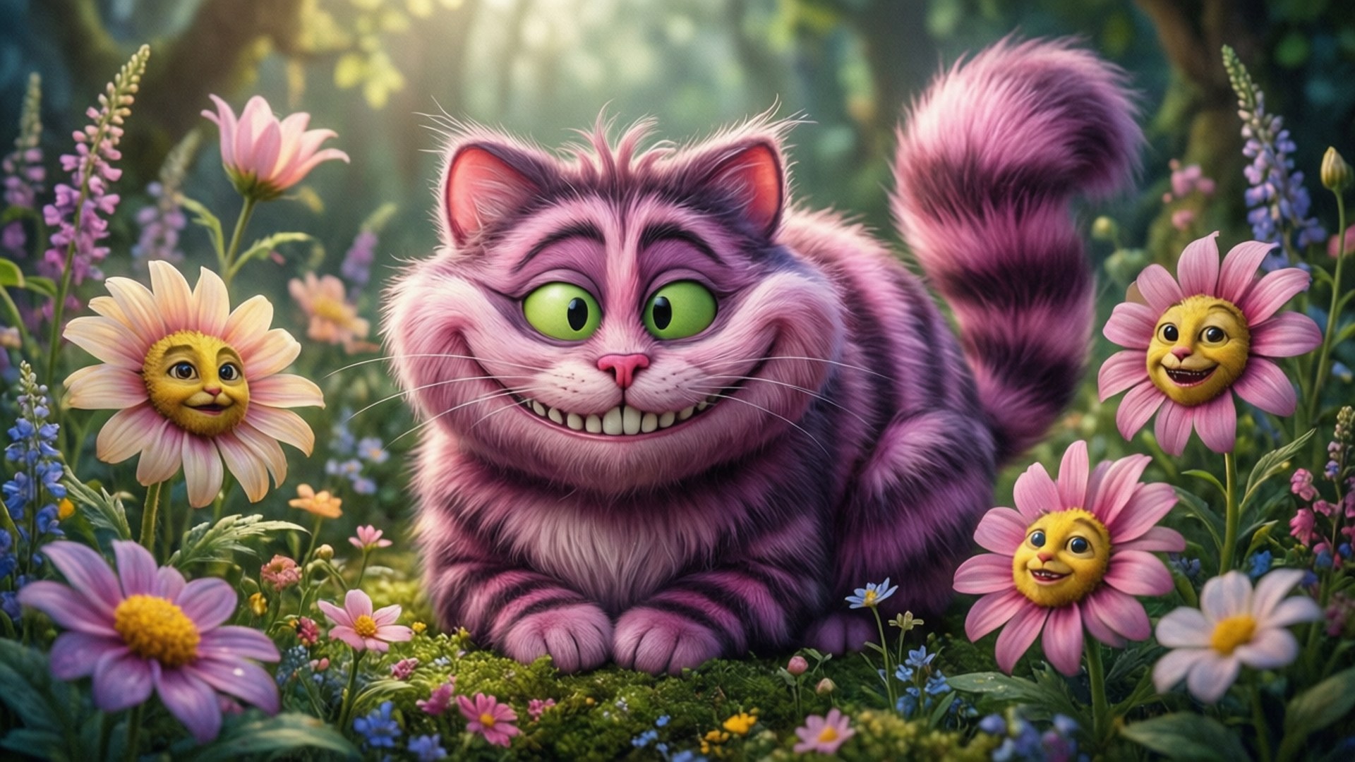 Cheshire Cat, talking flowers, pastel garden, Full HD Desktop Wallpaper