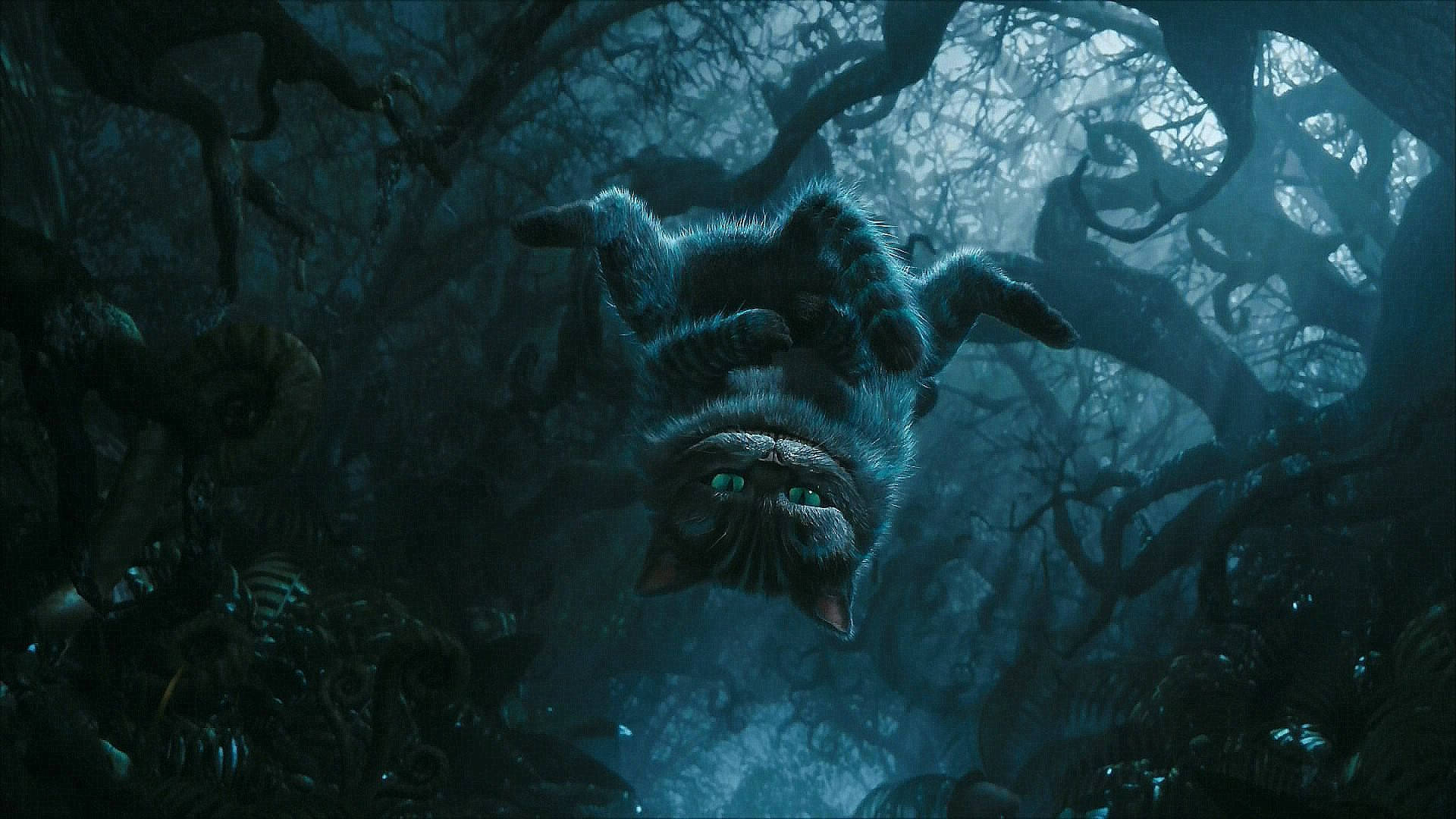 Cheshire Cat, glowing green eyes, dark twisted forest, Full HD Desktop Wallpaper