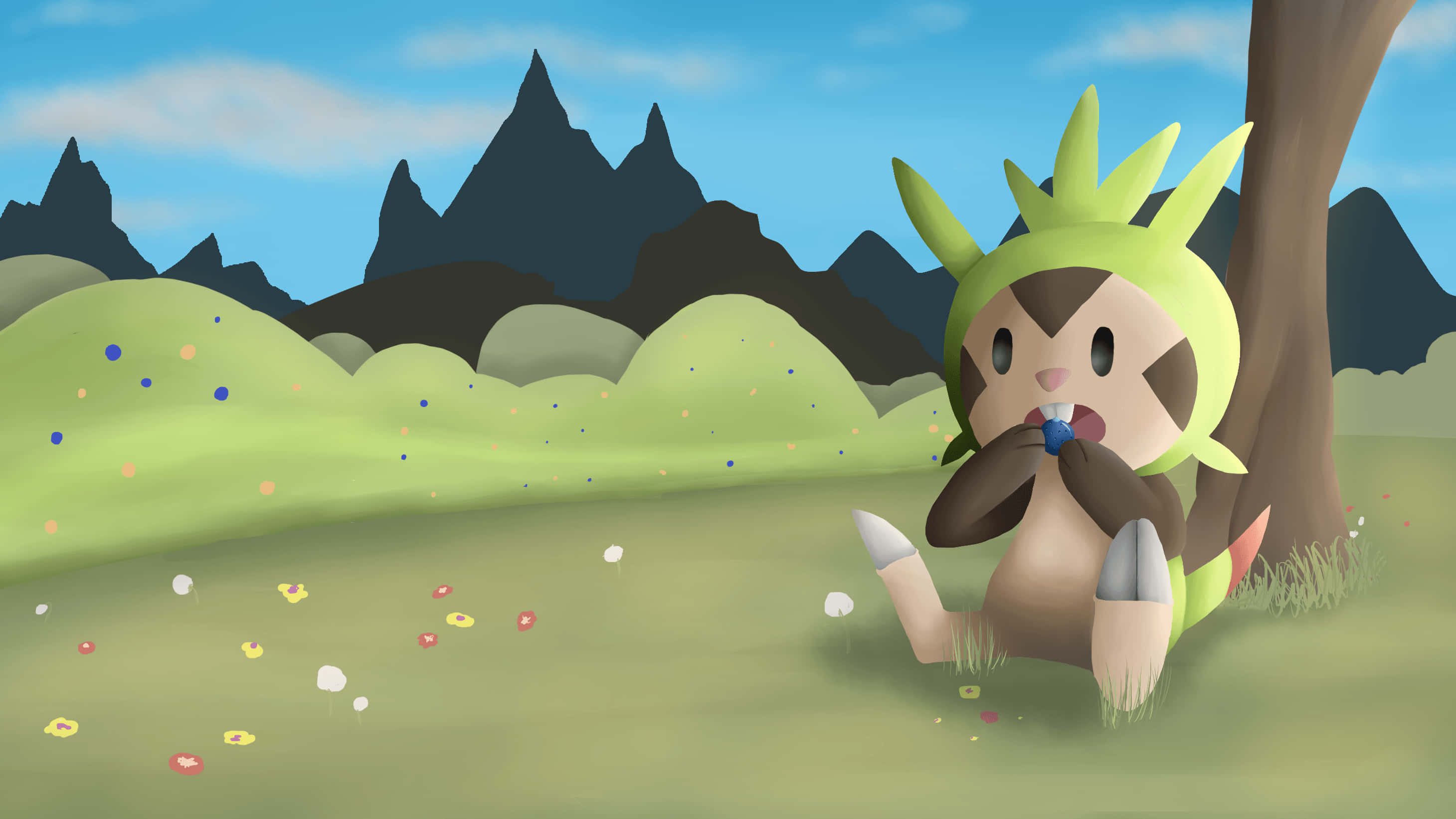 Chespin, green spiky hair, blue berry, 2K Desktop Wallpaper