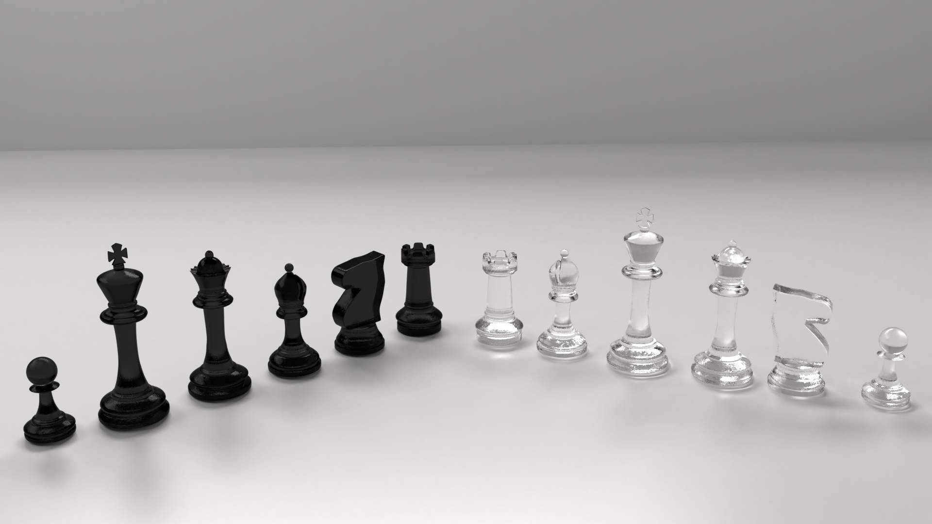 minimalist white surface, soft studio lighting, black and transparent chess pieces, Full HD Desktop Wallpaper