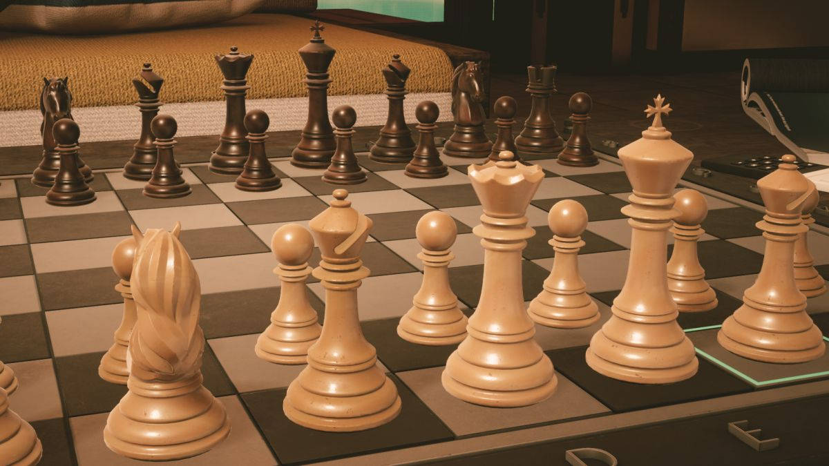 vintage ivory chess pieces, checkered surface, light wooden pieces, SD Desktop Wallpaper