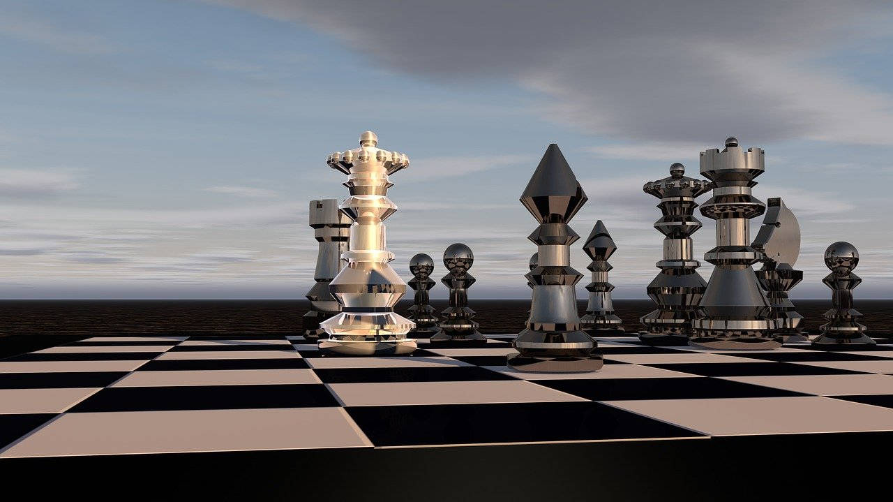 metallic chess pieces, checkered board, cloudy sky, HD Desktop Wallpaper