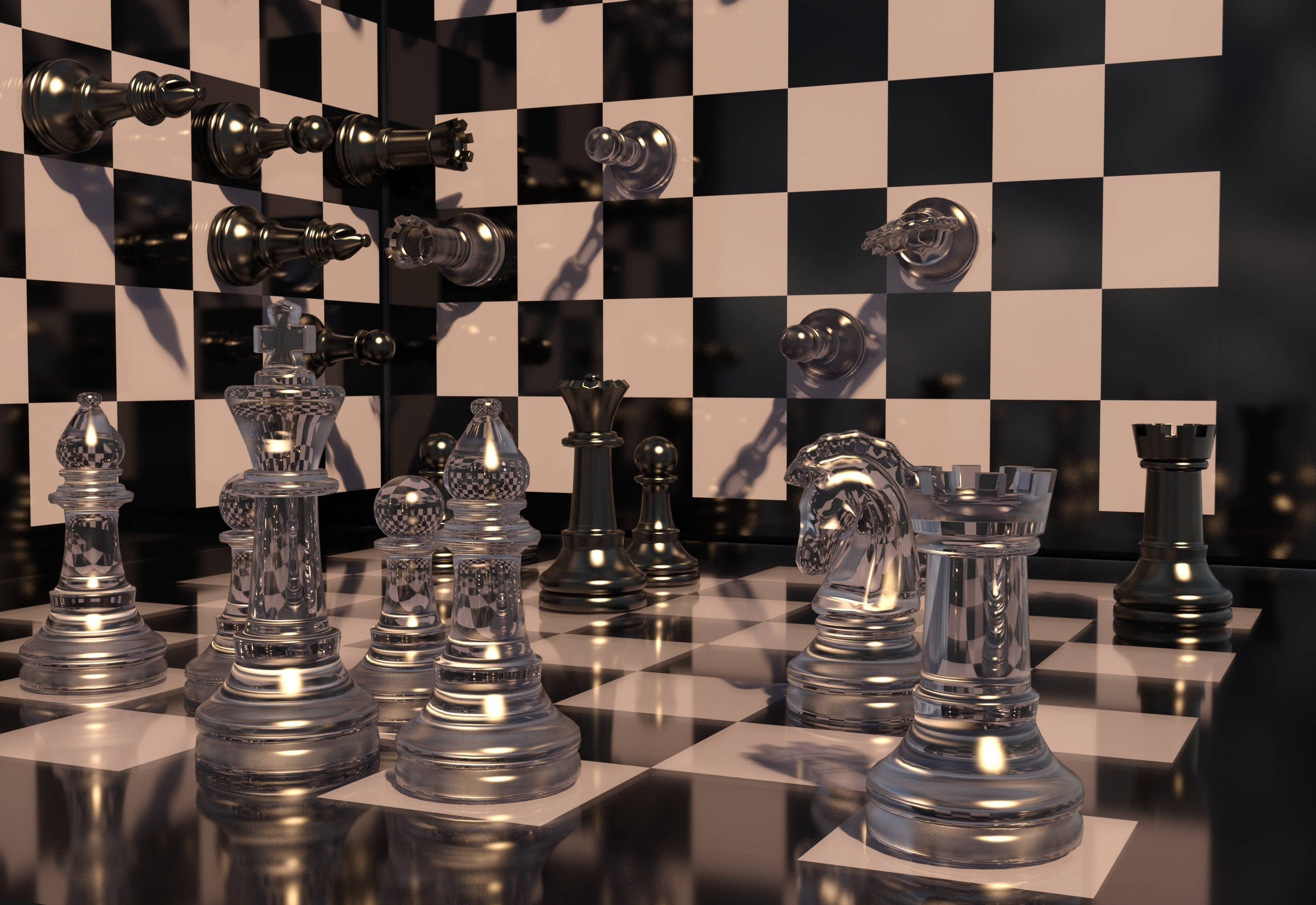 acrylic chess pieces, shiny metallic, reflective checkered board, 2K Desktop Wallpaper