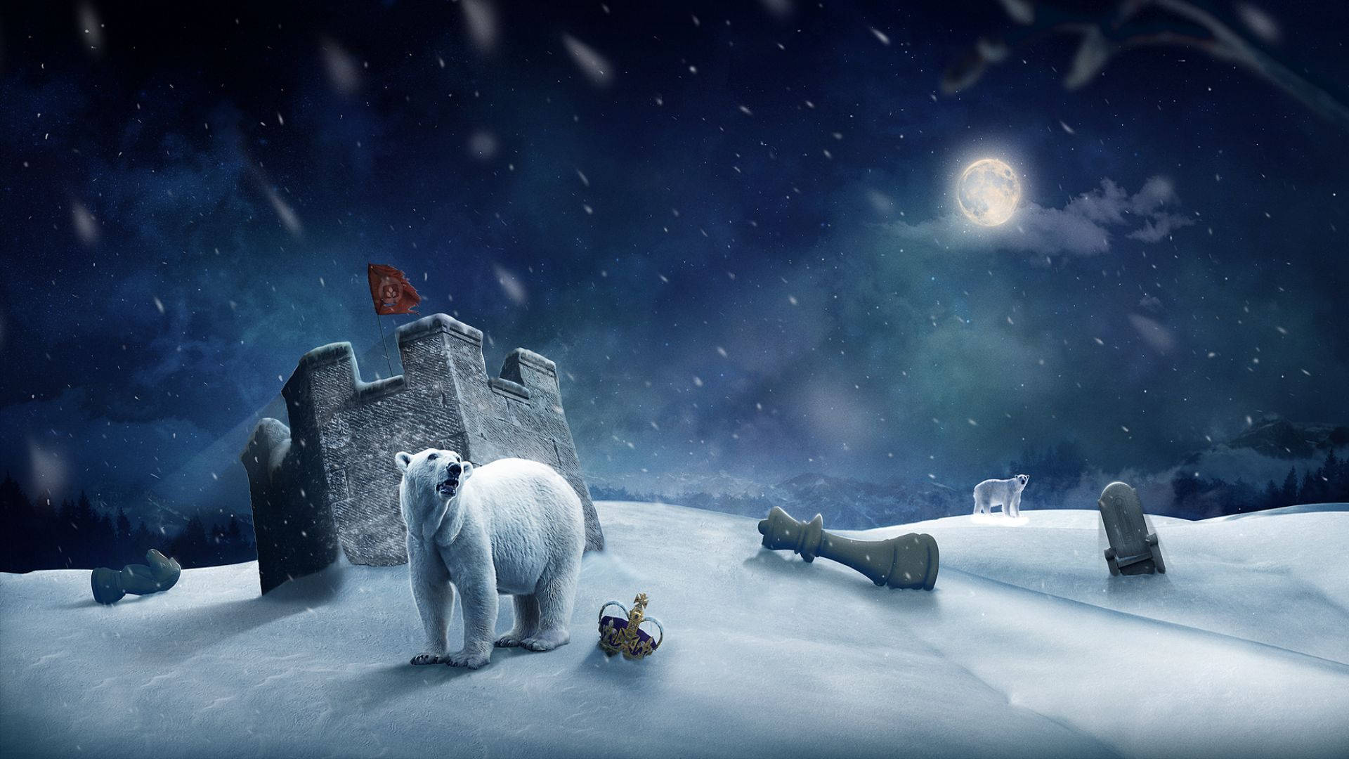 polar bear, snowy landscape, moonlit sky, Full HD Desktop Wallpaper