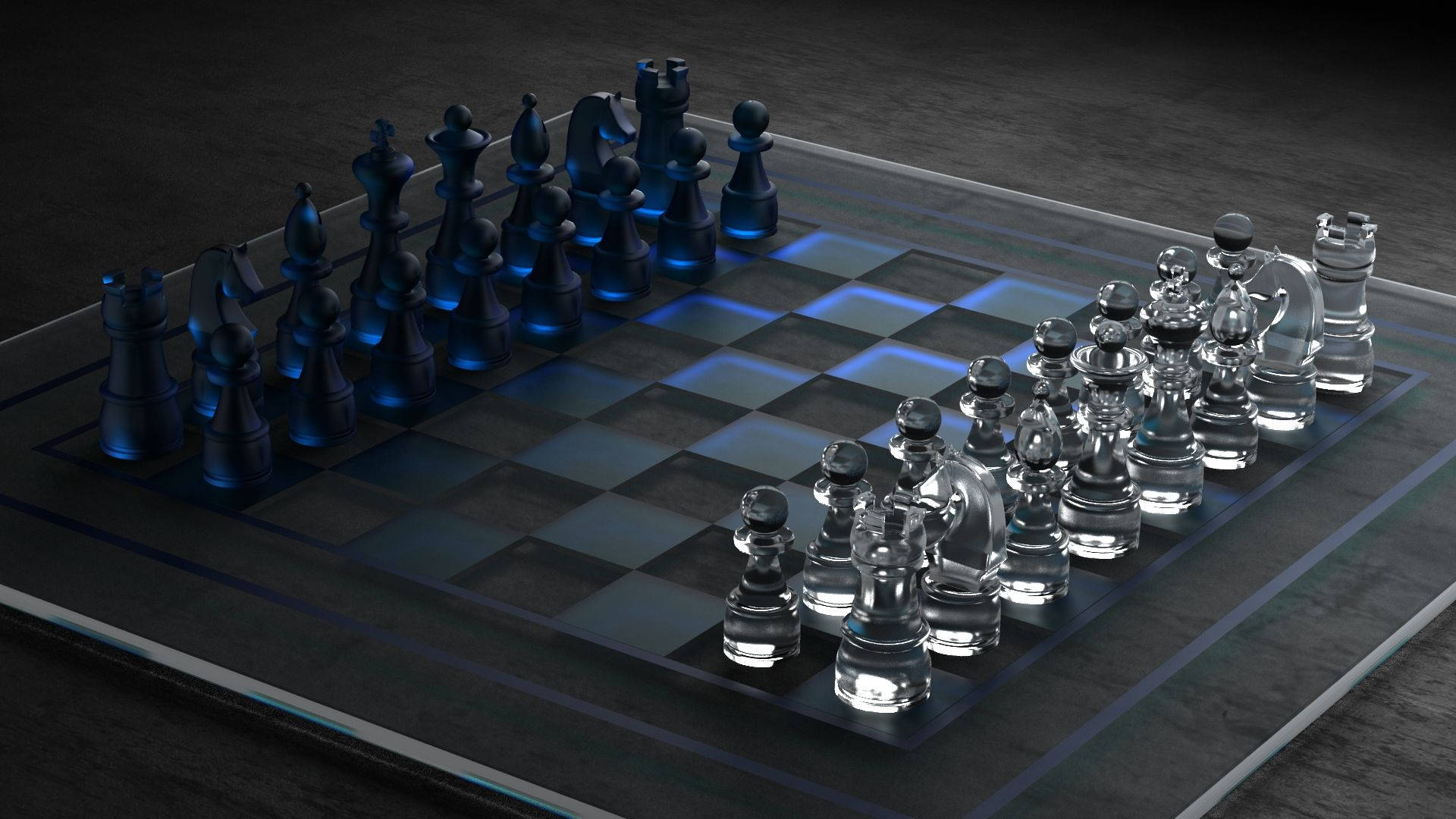 3D Chessboard, Android Screen, blue translucent pieces, Full HD Desktop Wallpaper
